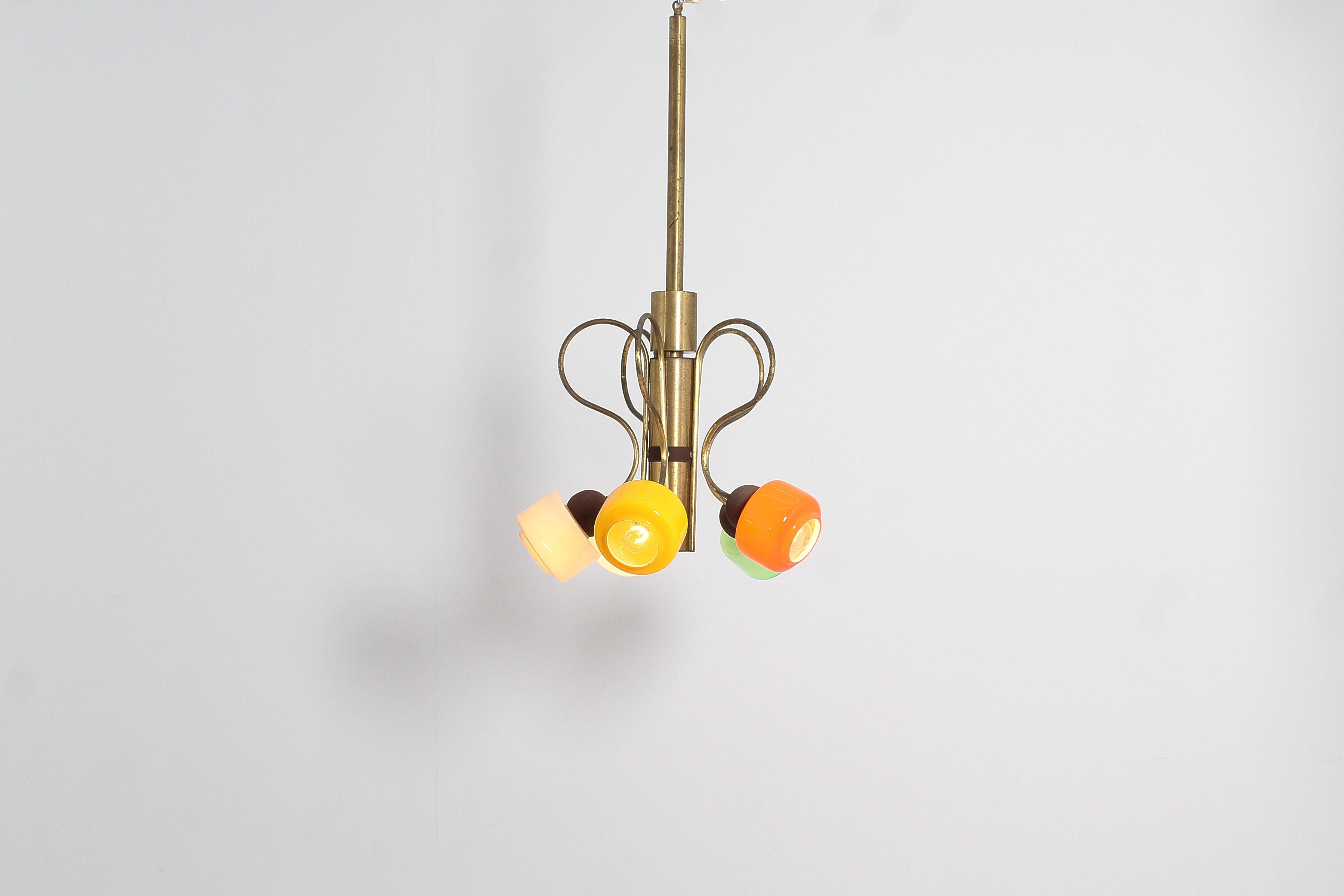 Mid-Century, Stilnovo Coloured Glass and Brass Chandelier, 1950s, Italy In Good Condition For Sale In Palermo, IT