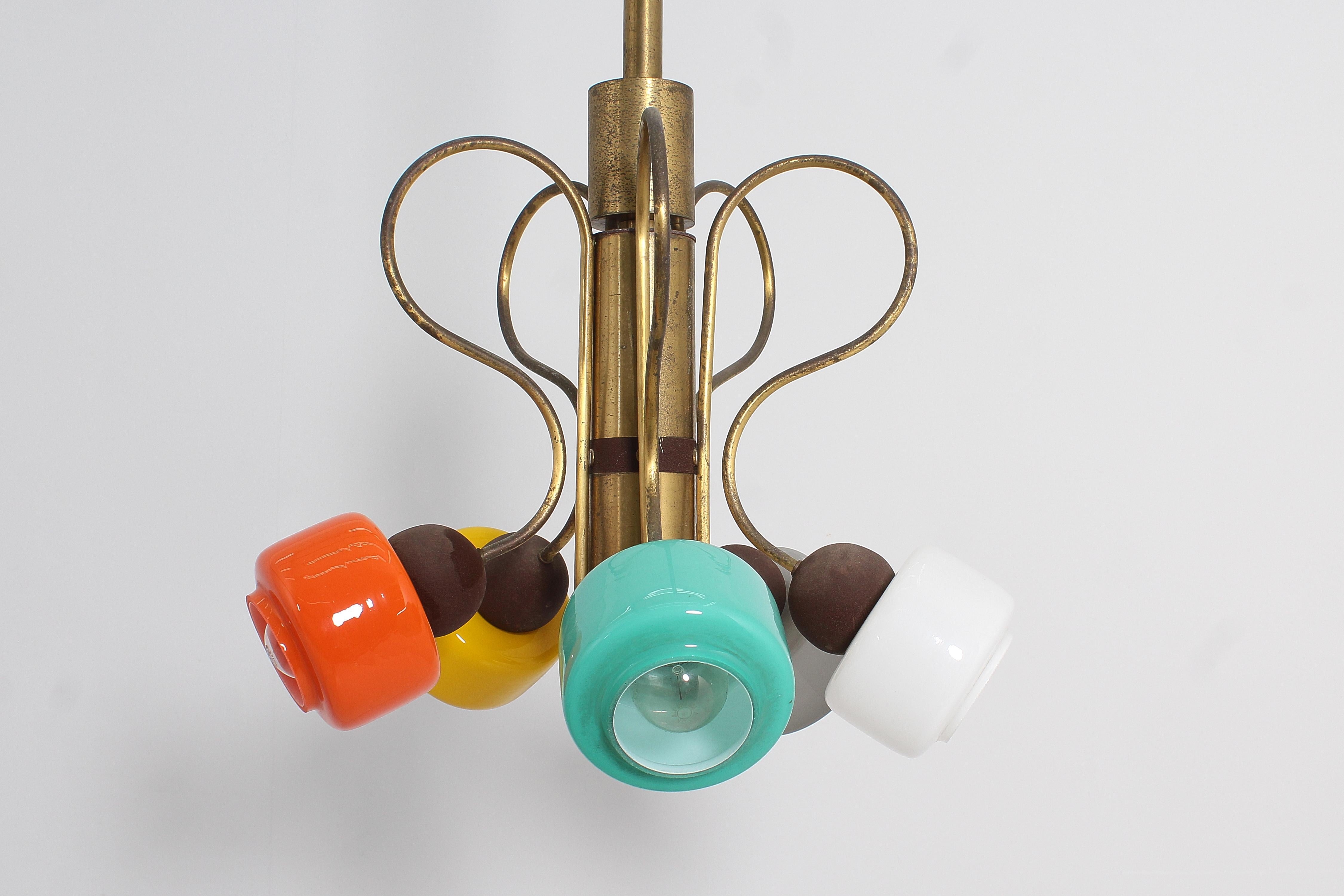 Mid-20th Century Mid-Century, Stilnovo Coloured Glass and Brass Chandelier, 1950s, Italy For Sale