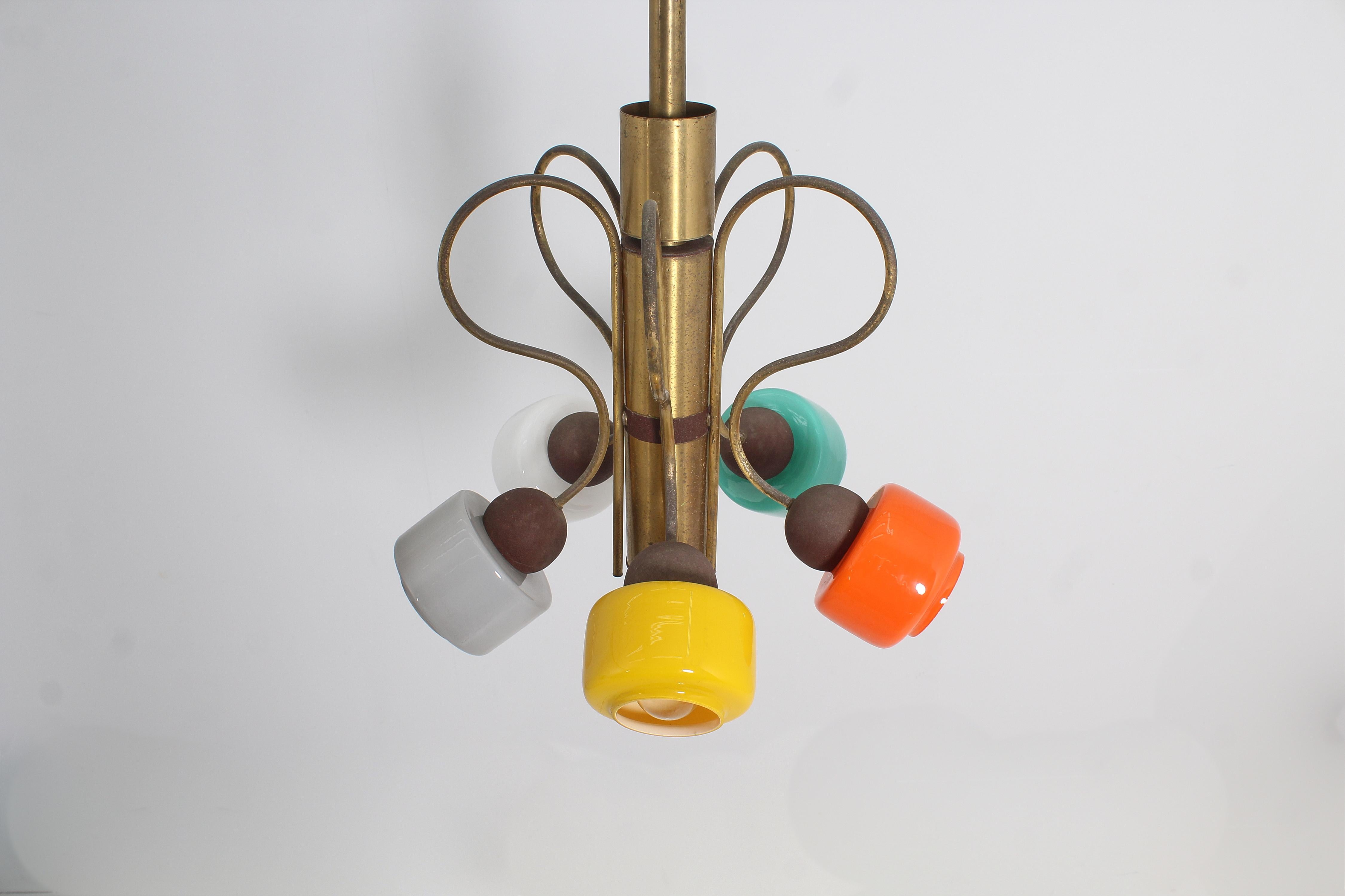 Mid-Century, Stilnovo Coloured Glass and Brass Chandelier, 1950s, Italy For Sale 2
