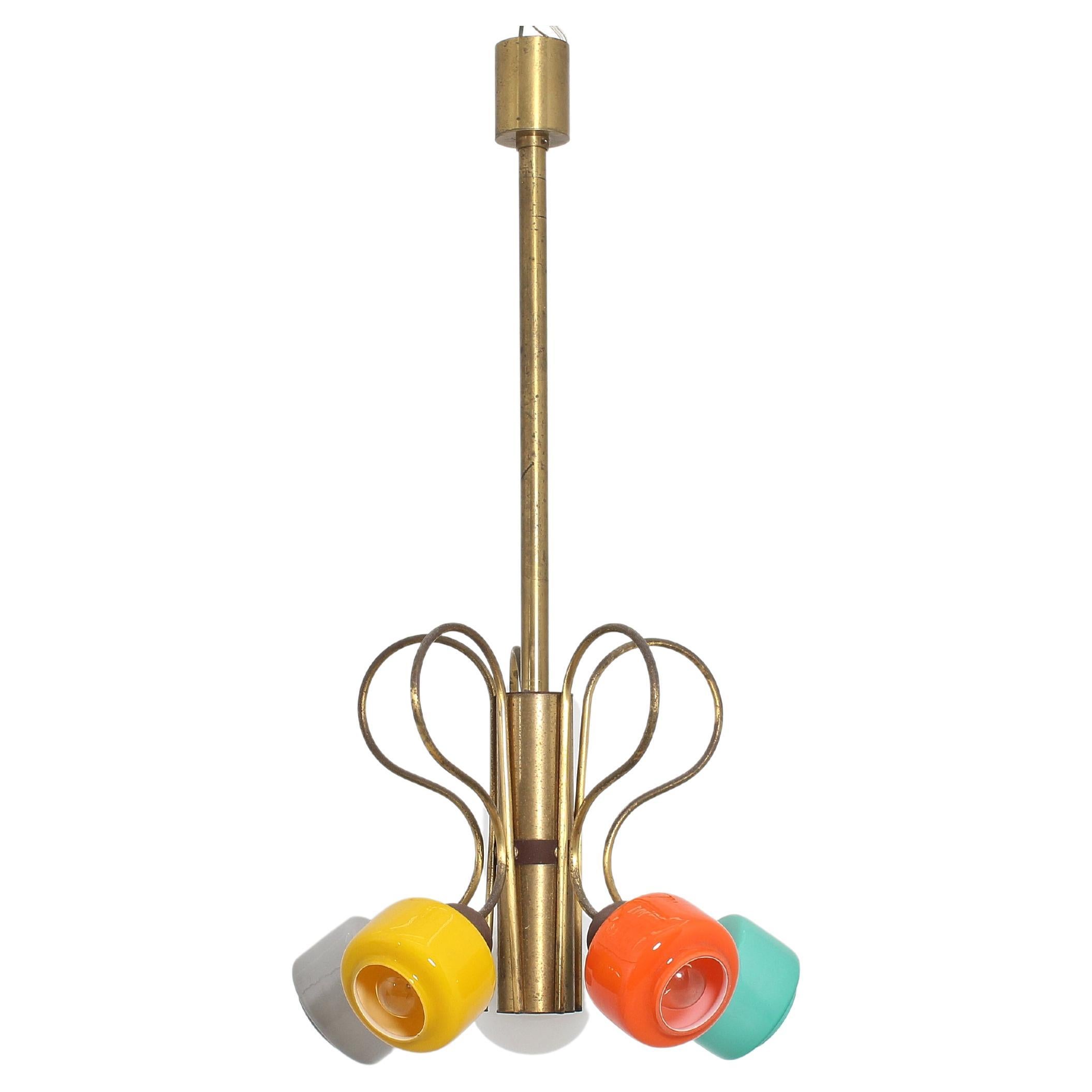 Mid-Century, Stilnovo Coloured Glass and Brass Chandelier, 1950s, Italy For Sale