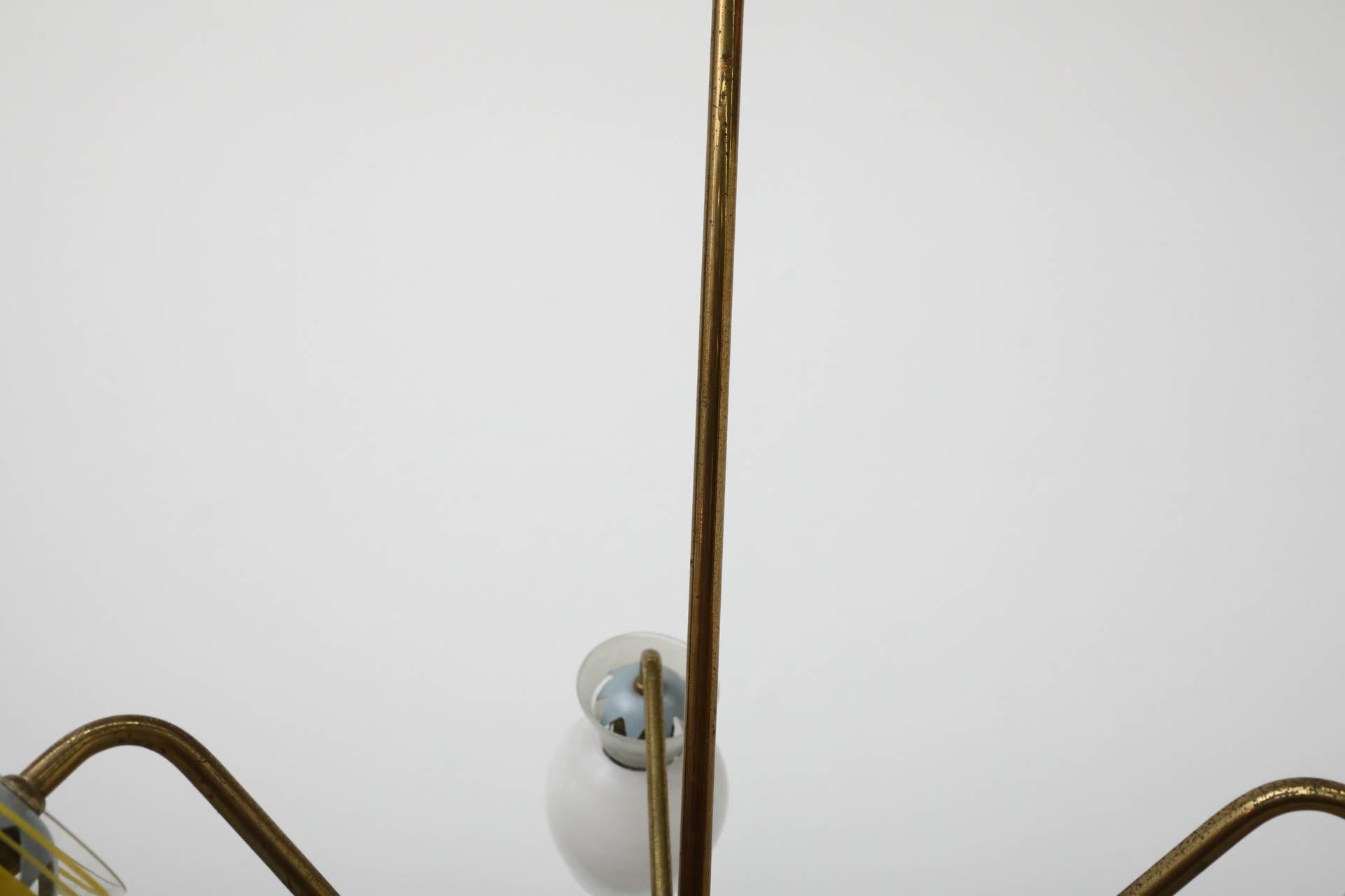 Mid-Century Stilnovo Inspired Brass 3 Arm Chandelier with Multi Colored Glass For Sale 3