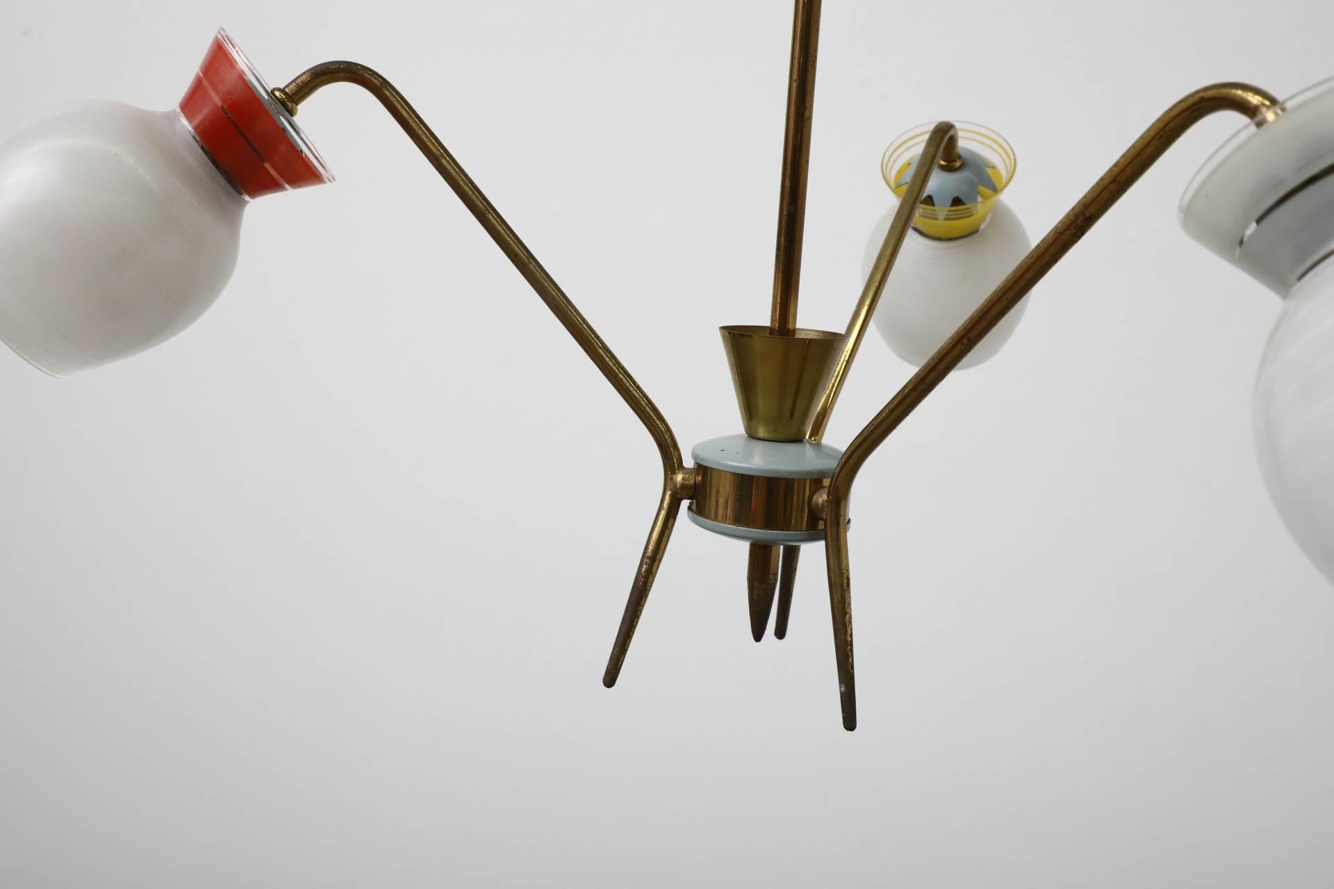 Mid-Century Stilnovo Inspired Brass 3 Arm Chandelier with Multi Colored Glass For Sale 5