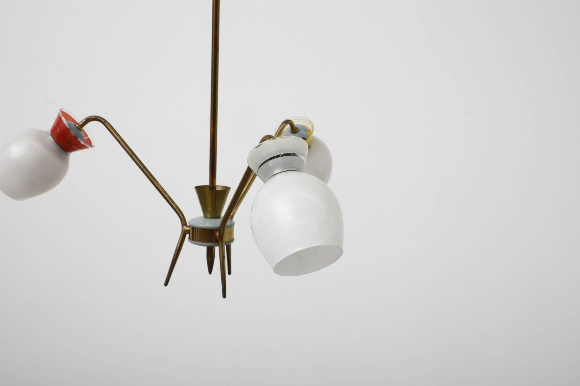 Mid-Century Stilnovo Inspired Brass 3 Arm Chandelier with Multi Colored Glass For Sale 6