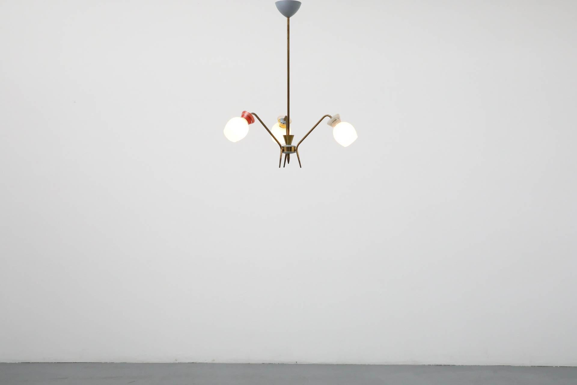 Mid-Century Modern Mid-Century Stilnovo Inspired Brass 3 Arm Chandelier with Multi Colored Glass For Sale