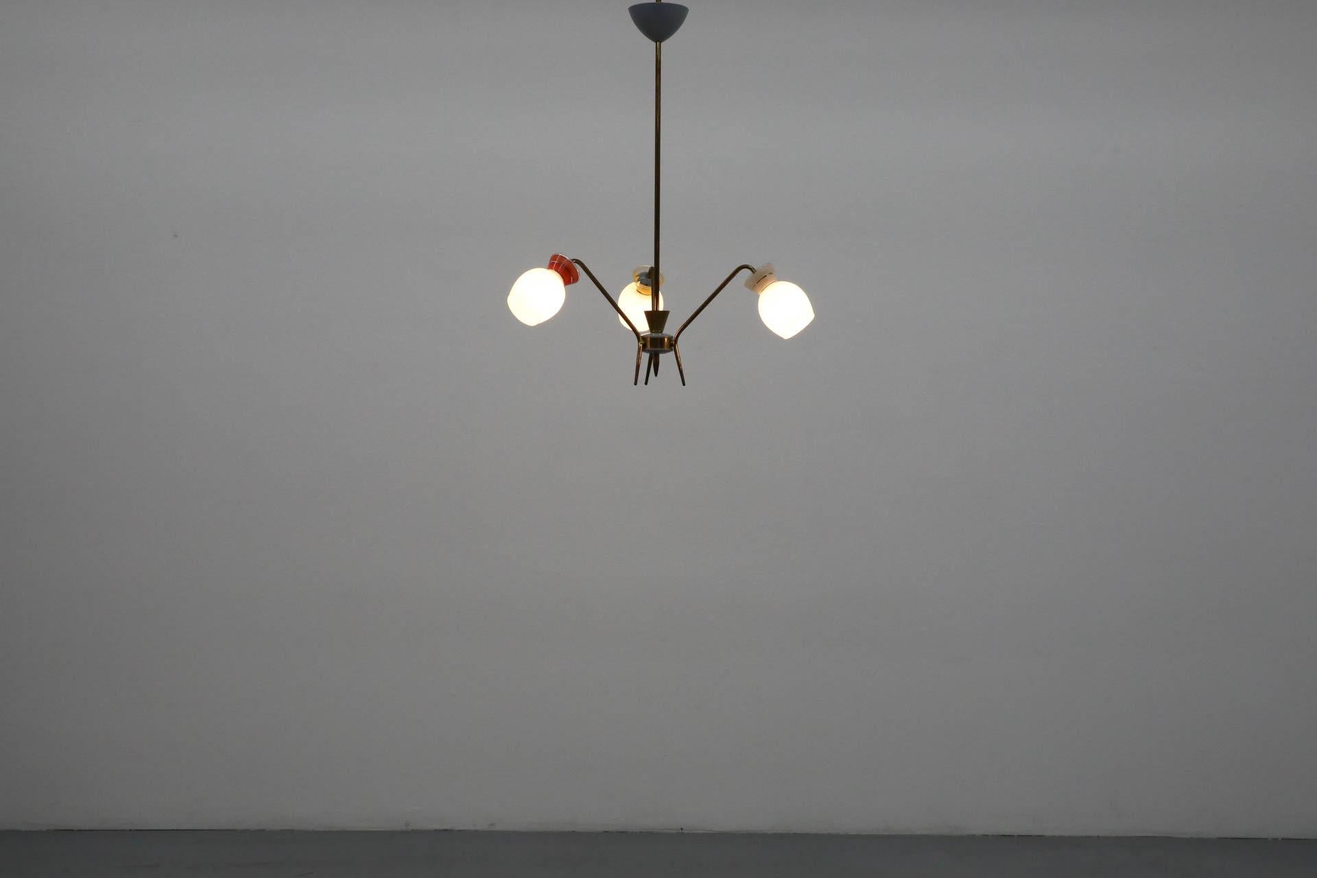 Italian Mid-Century Stilnovo Inspired Brass 3 Arm Chandelier with Multi Colored Glass For Sale