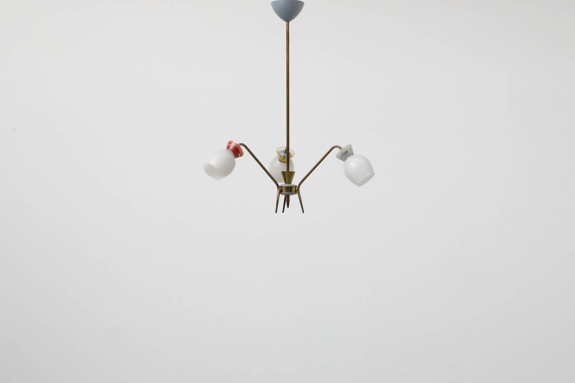 Enameled Mid-Century Stilnovo Inspired Brass 3 Arm Chandelier with Multi Colored Glass For Sale