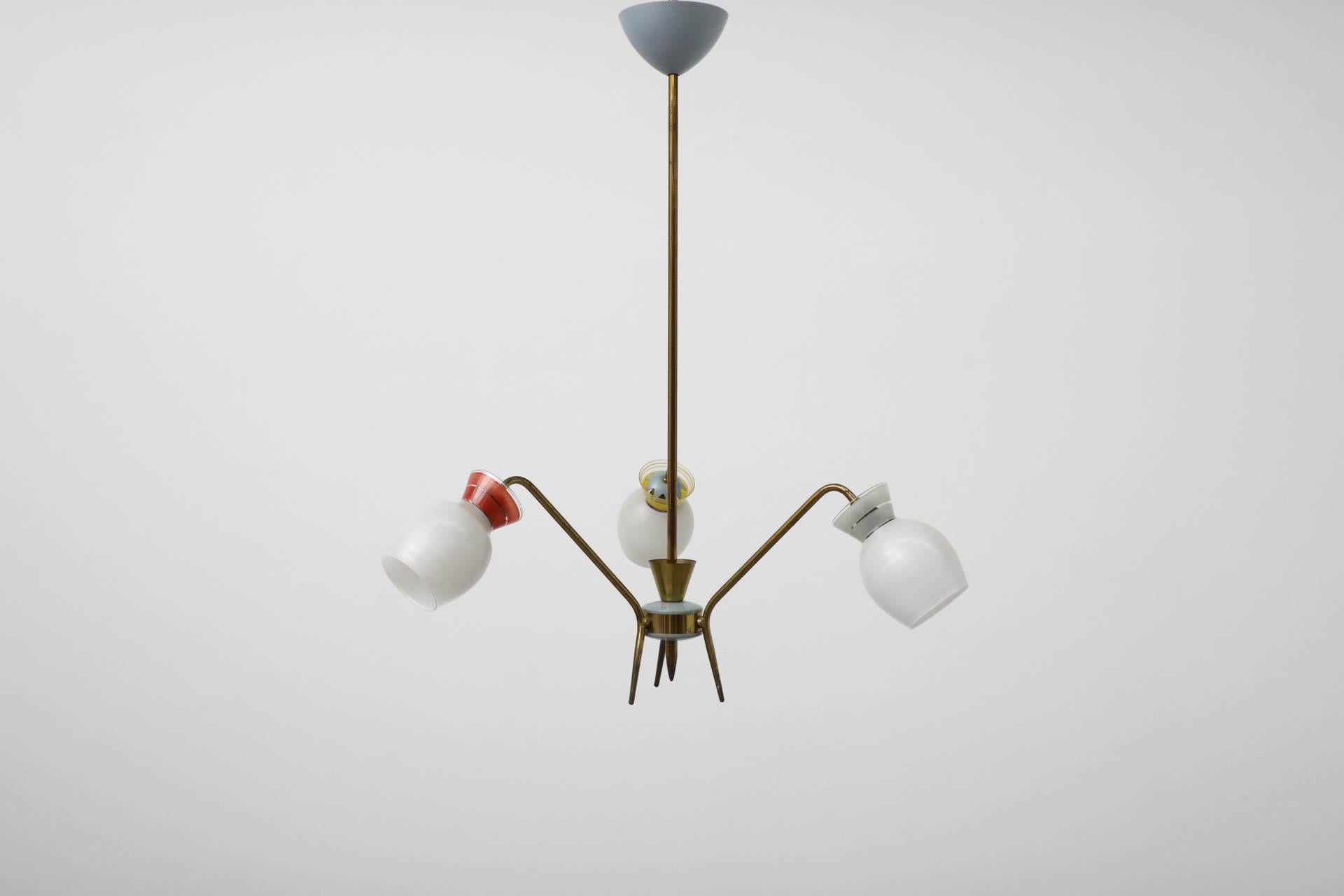 Mid-Century Stilnovo Inspired Brass 3 Arm Chandelier with Multi Colored Glass In Good Condition For Sale In Los Angeles, CA