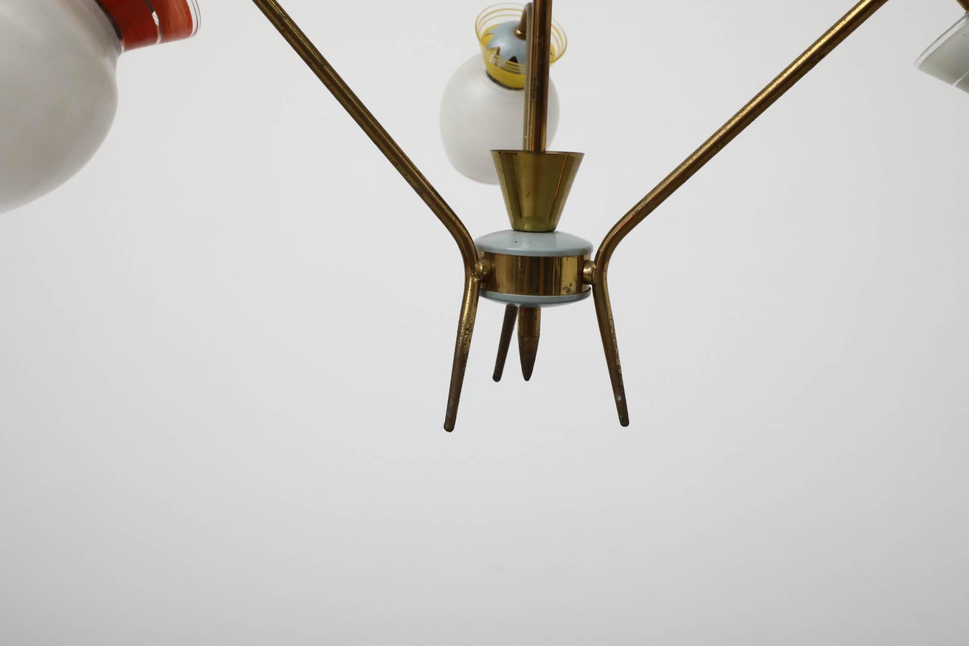 Mid-Century Stilnovo Inspired Brass 3 Arm Chandelier with Multi Colored Glass For Sale 1