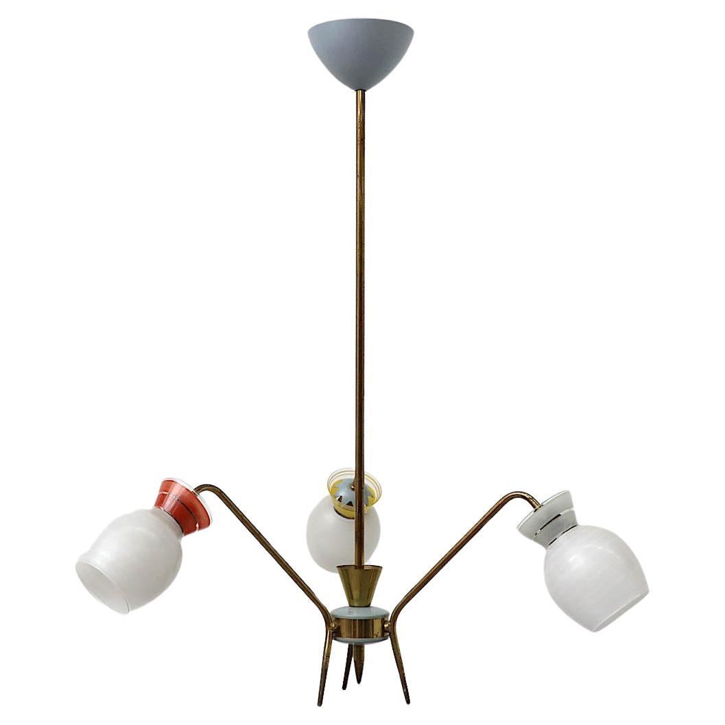 Mid-Century Stilnovo Inspired Brass 3 Arm Chandelier with Multi Colored Glass For Sale