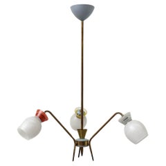 Mid-Century Stilnovo Inspired Brass 3 Arm Chandelier with Multi Colored Glass