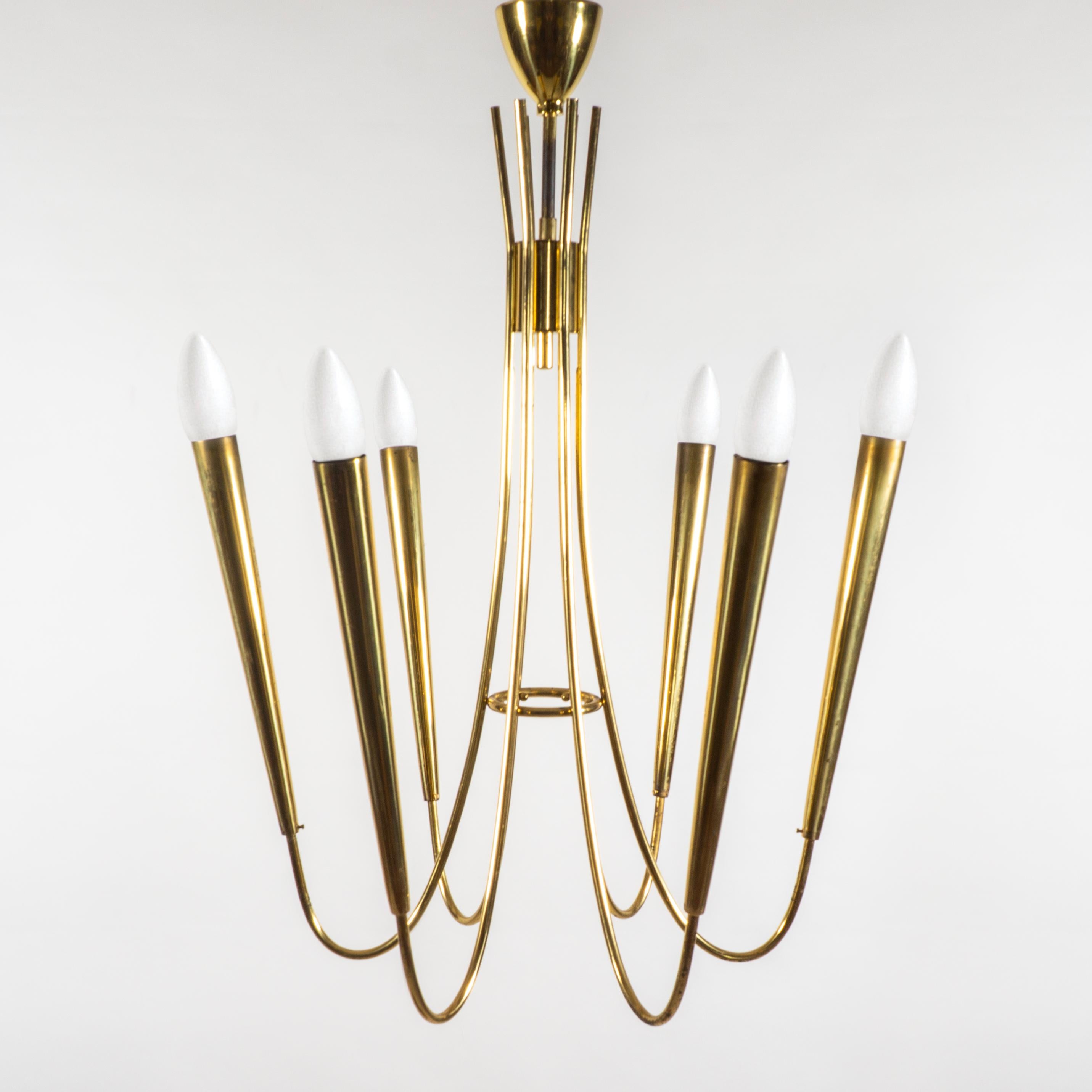 XX secolo Lampadario a sospensione a sei bracci in ottone Sputnik di Stilnovo, metà secolo, Italia 1950 in vendita