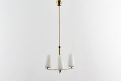 Mid-Century Stilnovo Style Brass & Opal Glass Chandelier 50s Italy