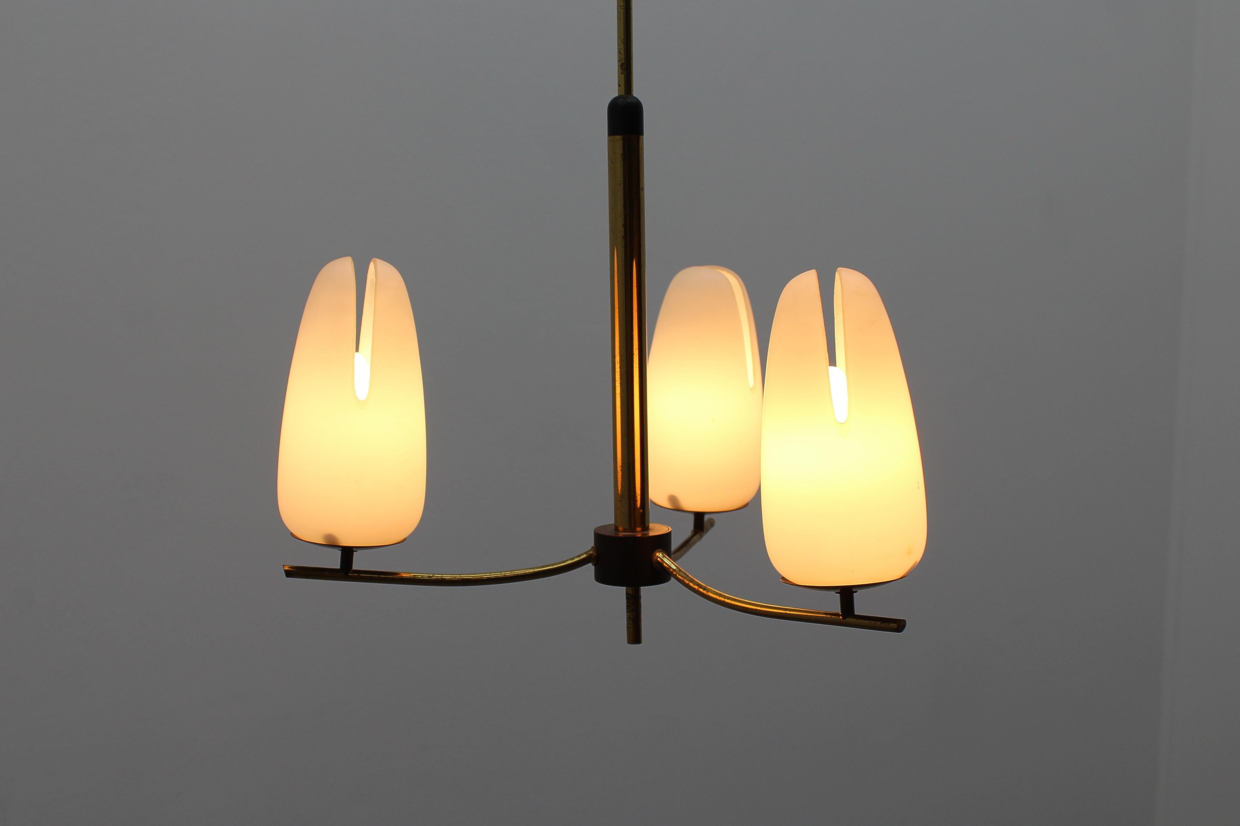 Lampadario in ottone e vetro opalino in stile Stilnovo di metà secolo, anni '50, Italia in vendita 2