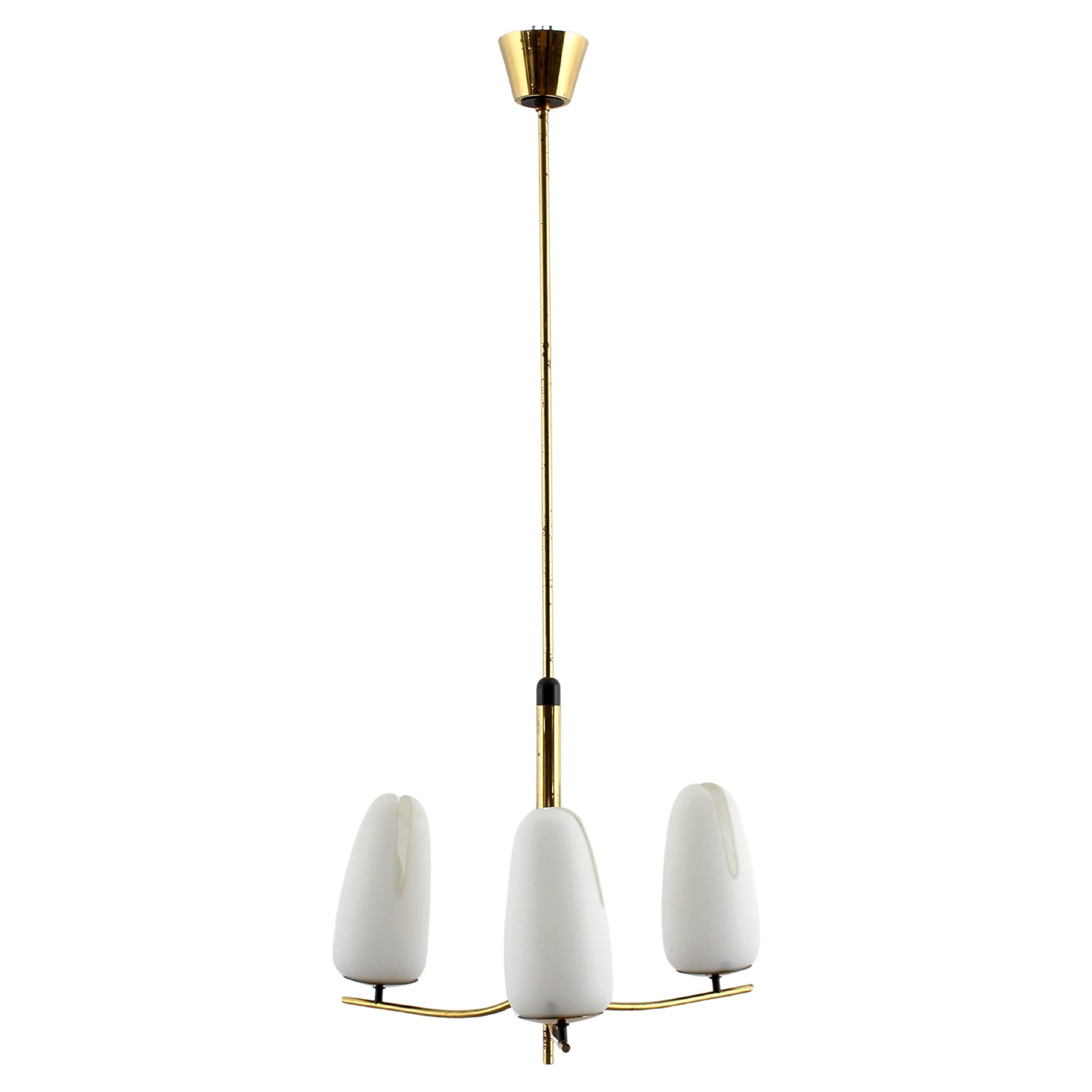 Mid-Century Stilnovo Style Brass & Opal Glass Chandelier 50s Italy