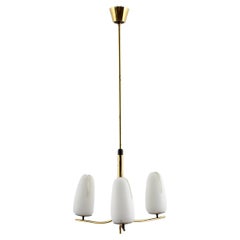 Mid-Century Stilnovo Style Brass & Opal Glass Chandelier 50s Italy