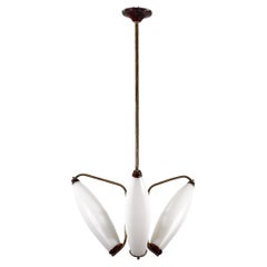 Mid-Century Stilnovo Style Brass & Opal Glass Chandelier 50s Italy