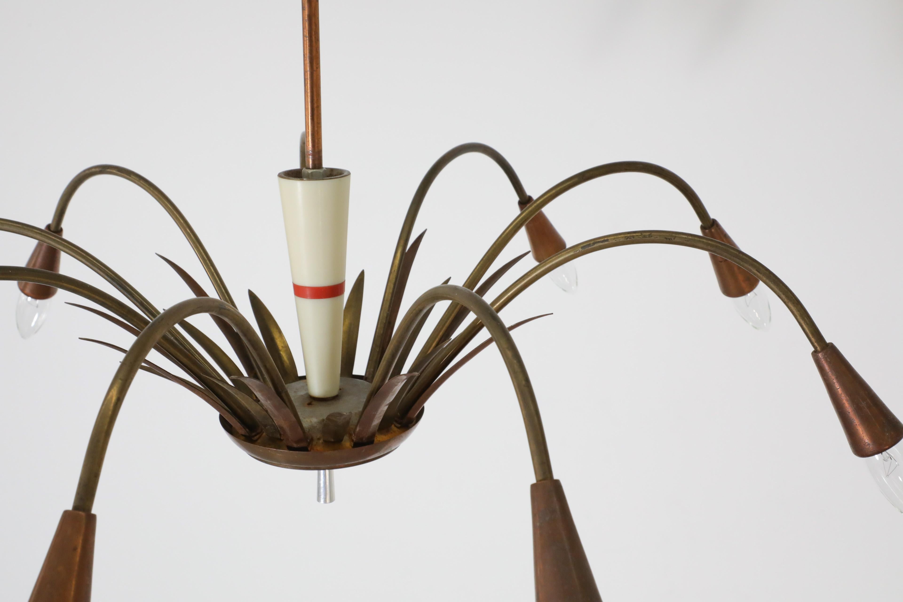 Mid-Century, Art Deco, Stilnovo Style Copper and Brass Chandelier 4