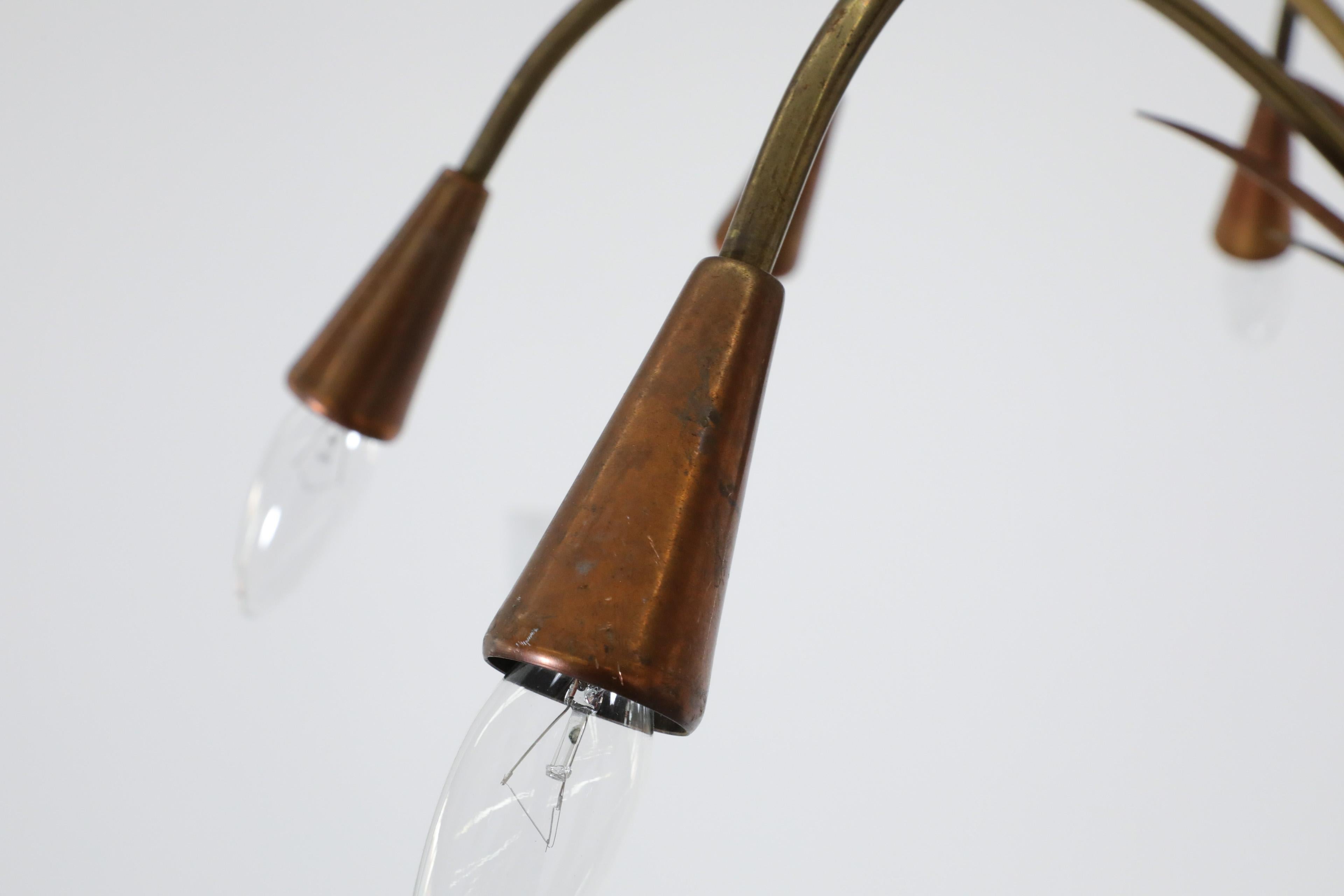 Mid-Century, Art Deco, Stilnovo Style Copper and Brass Chandelier 11