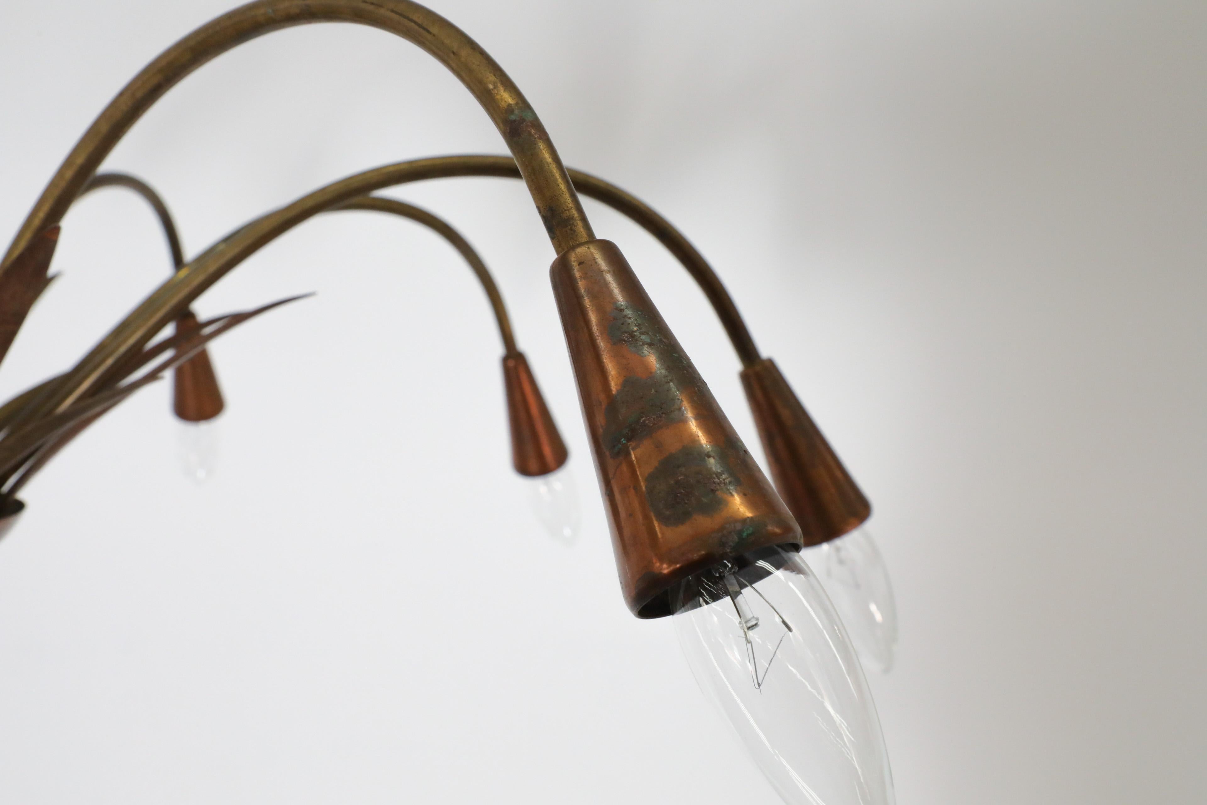 Mid-Century, Art Deco, Stilnovo Style Copper and Brass Chandelier 12
