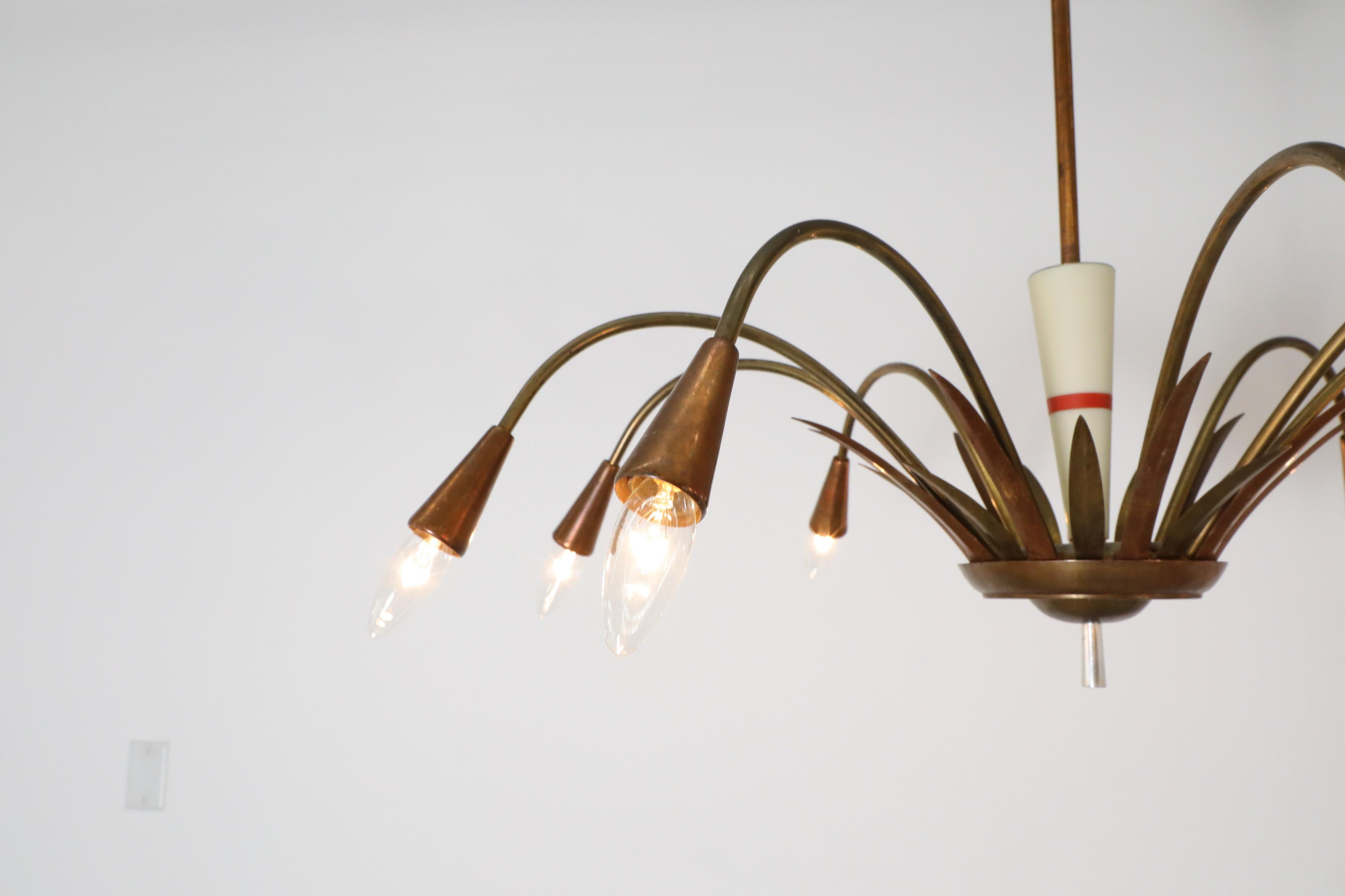 Mid-Century Stilnovo Style Copper and Brass Chandelier In Good Condition For Sale In Los Angeles, CA