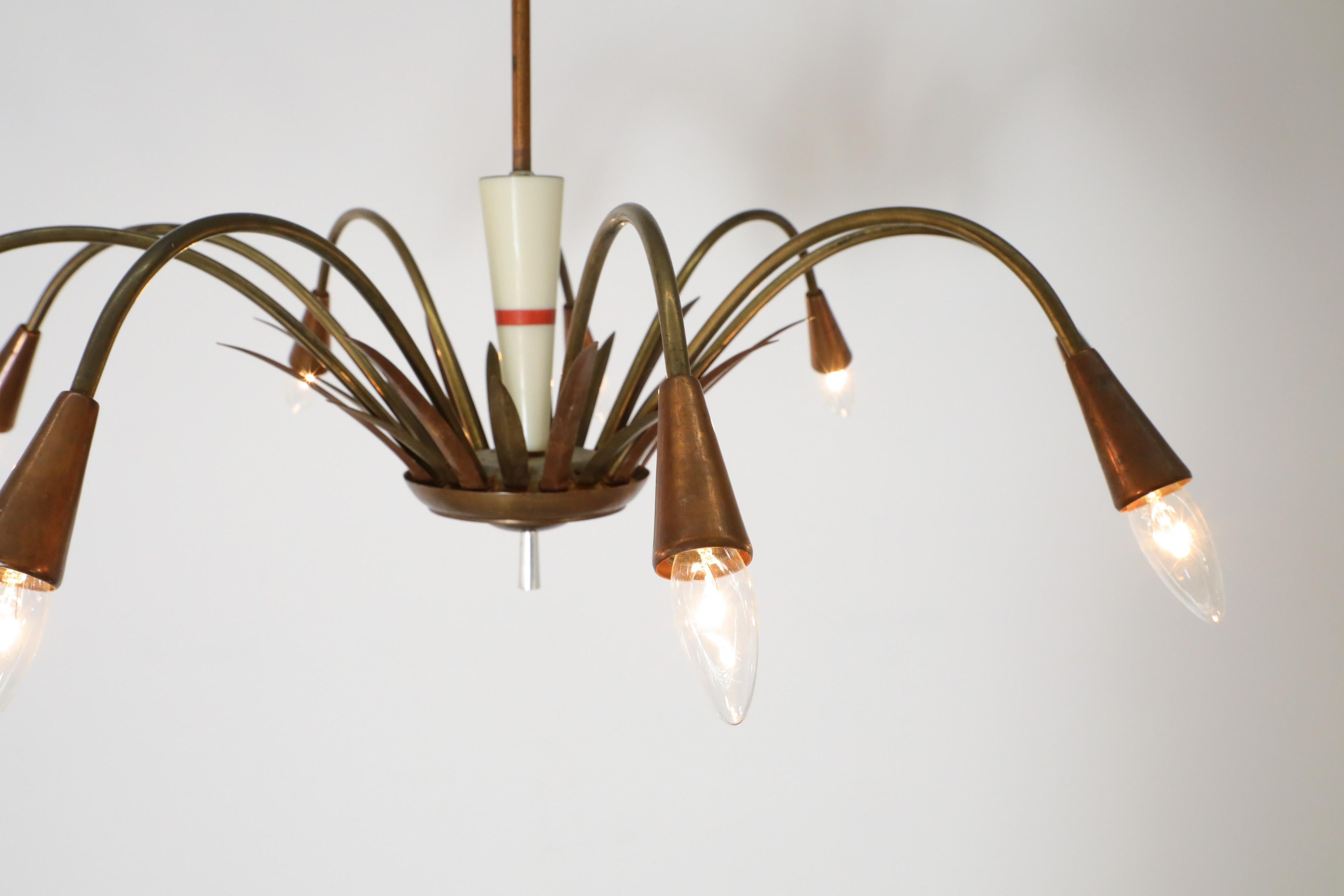 Mid-20th Century Mid-Century Stilnovo Style Copper and Brass Chandelier For Sale