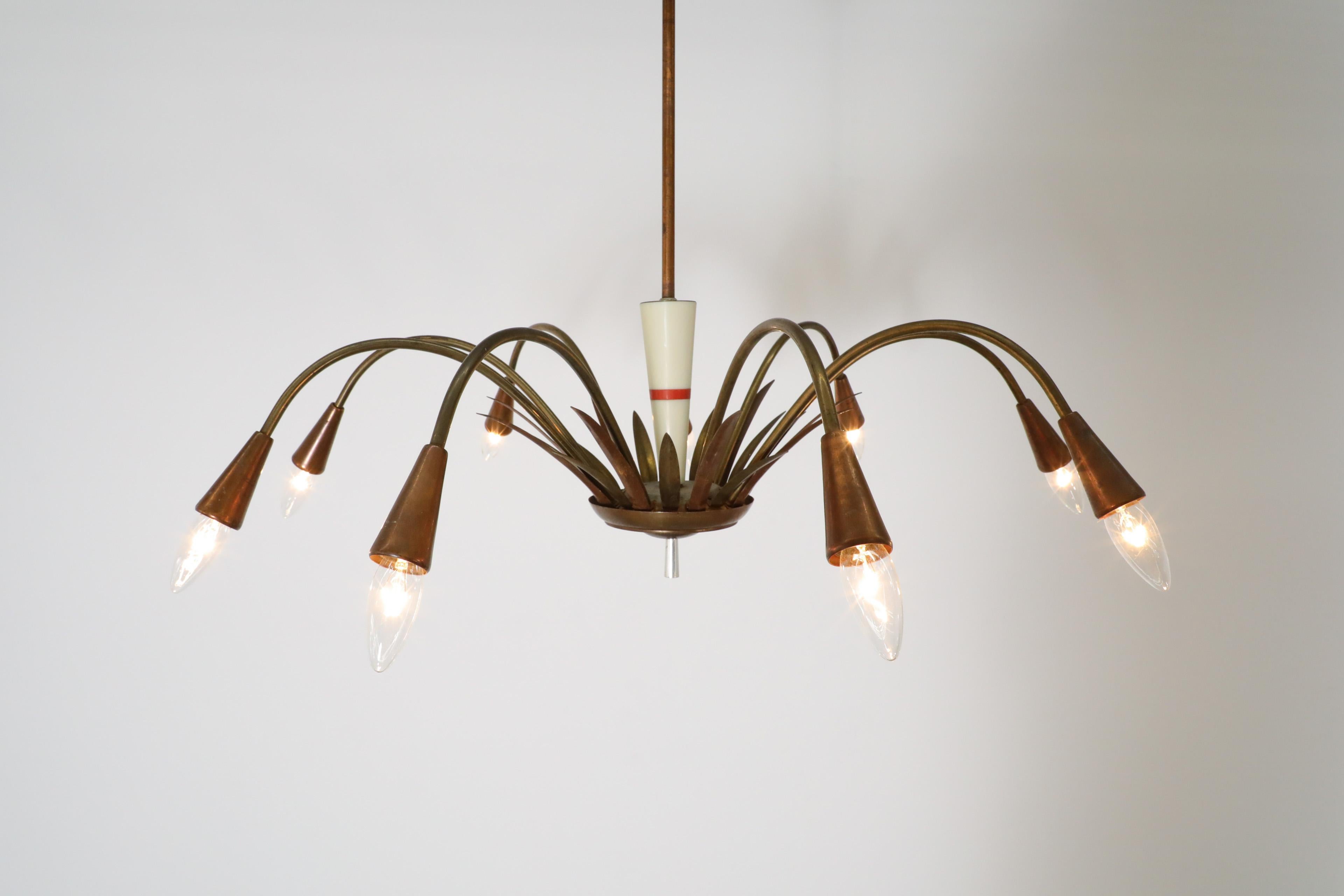 Mid-Century Stilnovo Style Copper and Brass Chandelier For Sale 1