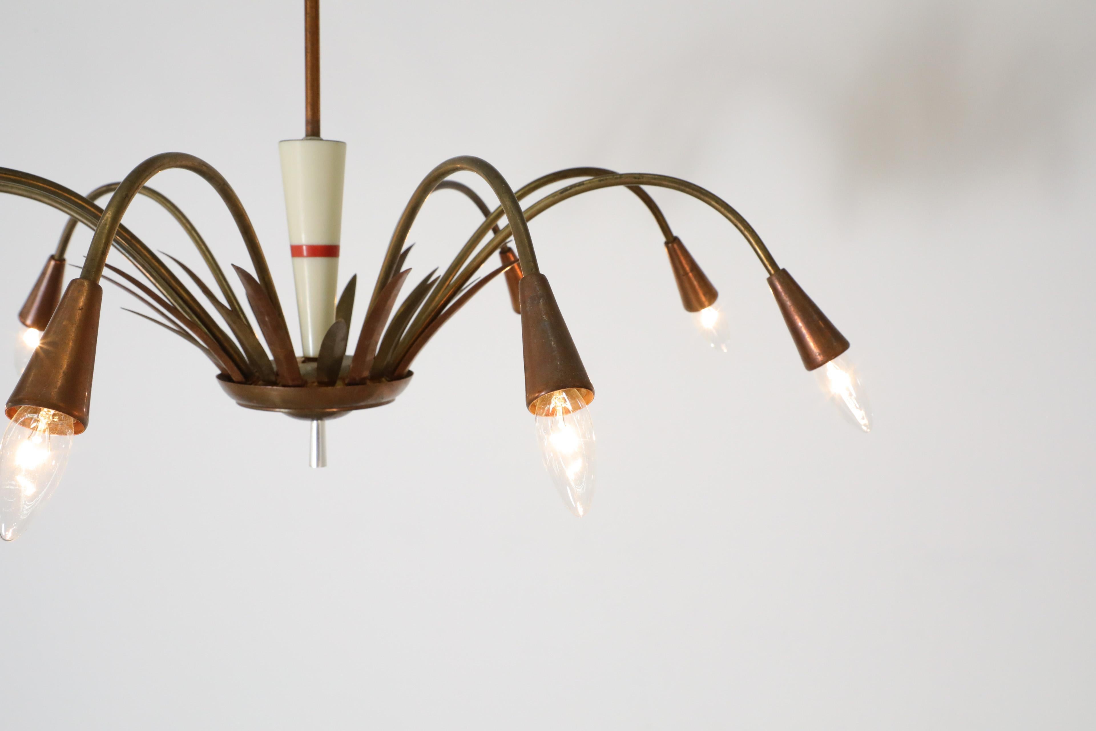 Mid-Century, Art Deco, Stilnovo Style Copper and Brass Chandelier 2