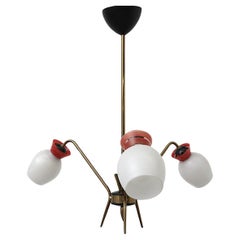 Vintage Mid-Century Stilnovo Style Triple Arm Chandelier in Brass, Black, and Red
