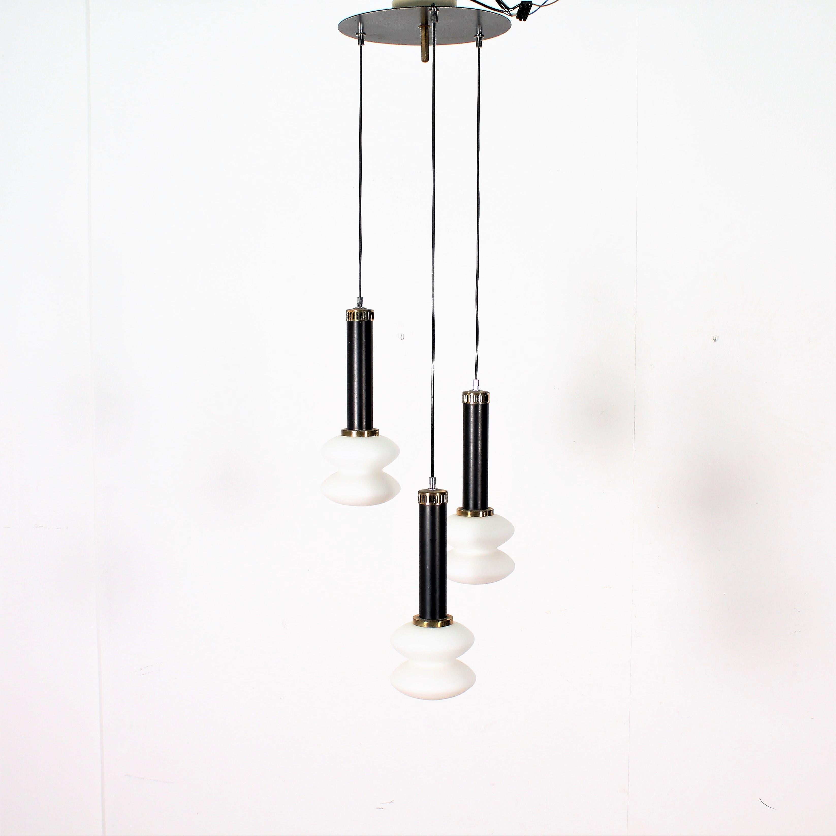 Midcentury Stilnovo Three-Pendant Chandelier and Opal Glass, Italy, 1960s In Good Condition In Palermo, IT