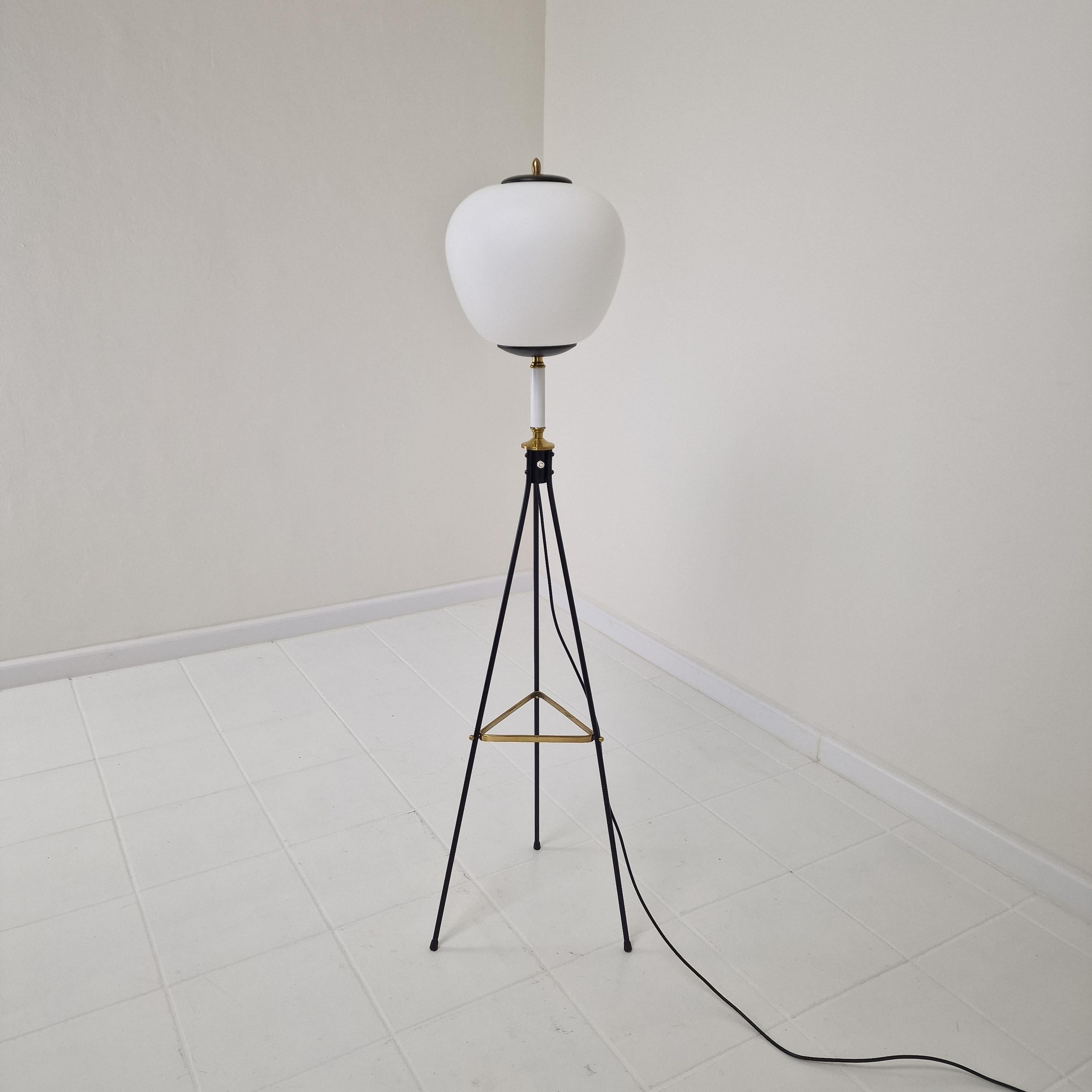 Mid-Century Modern Mid Century Stilnovo Tripod Floor Lamp with Opaline Glass, Italy 1950's For Sale