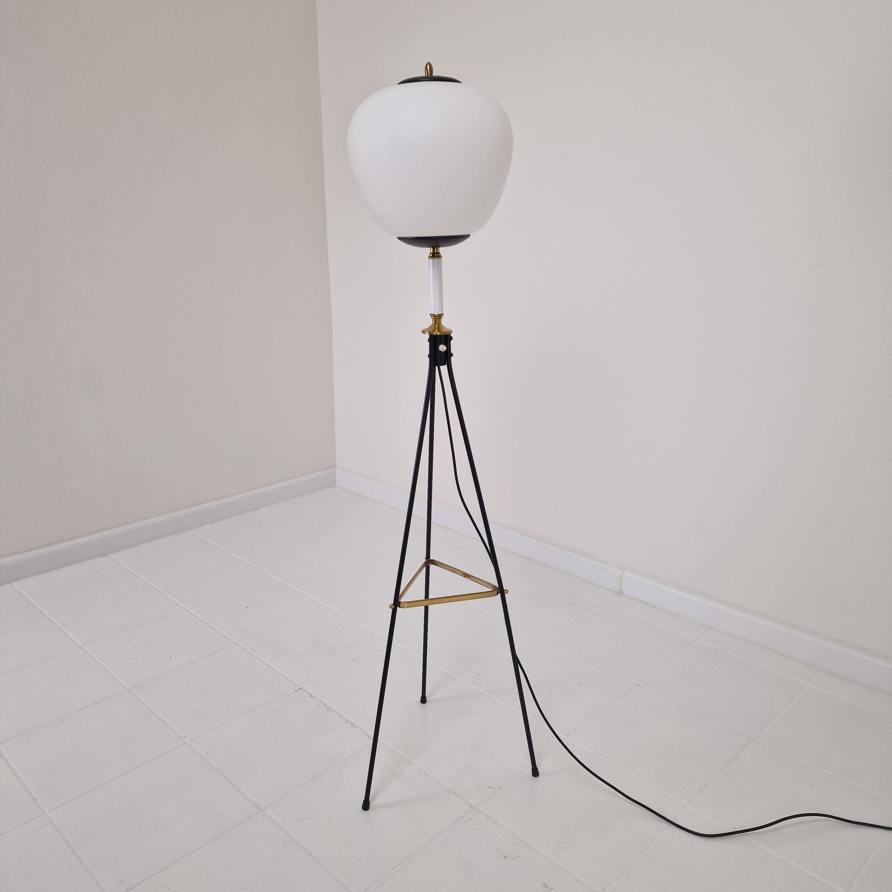 Italian Mid Century Stilnovo Tripod Floor Lamp with Opaline Glass, Italy 1950's For Sale