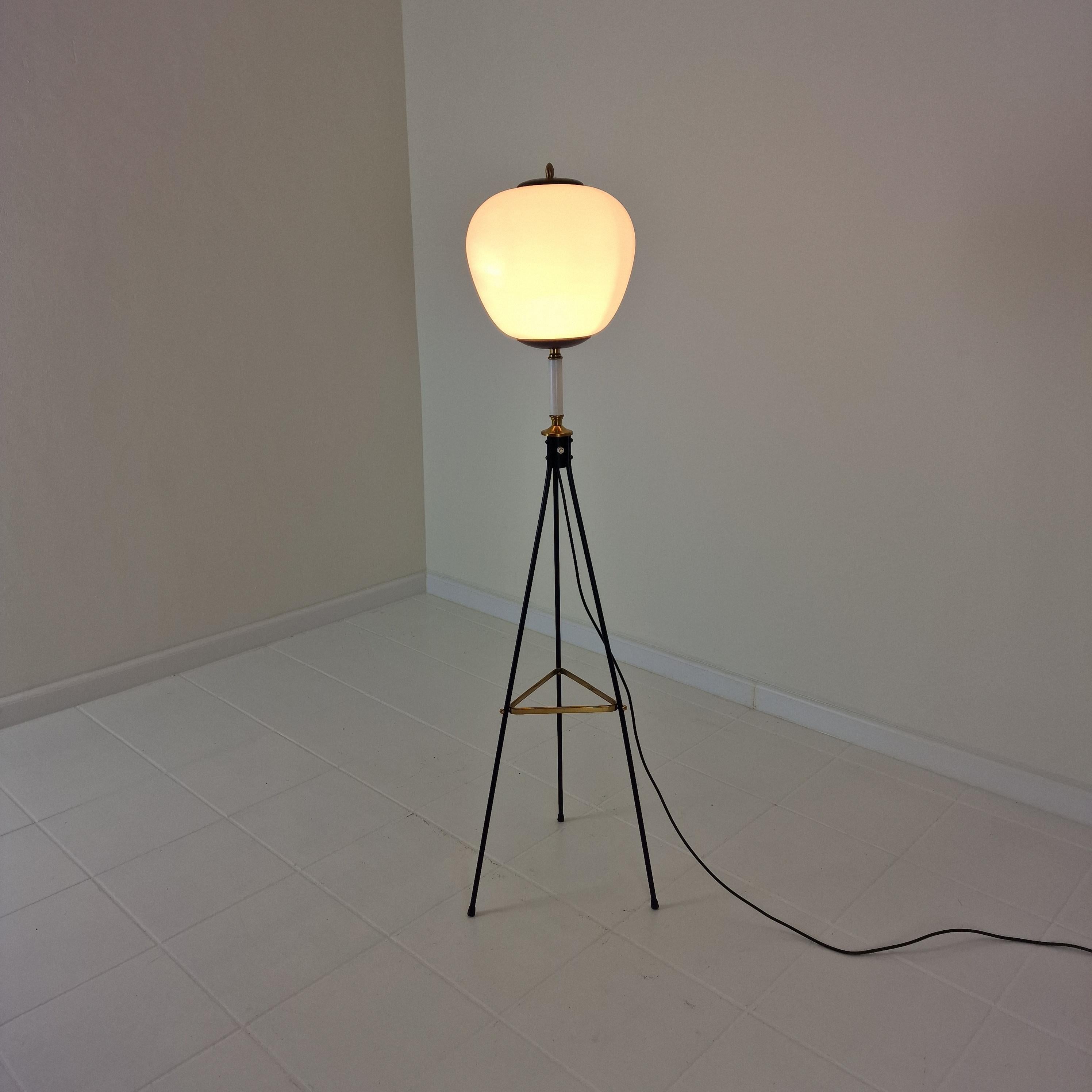 Mid-20th Century Mid Century Stilnovo Tripod Floor Lamp with Opaline Glass, Italy 1950's For Sale