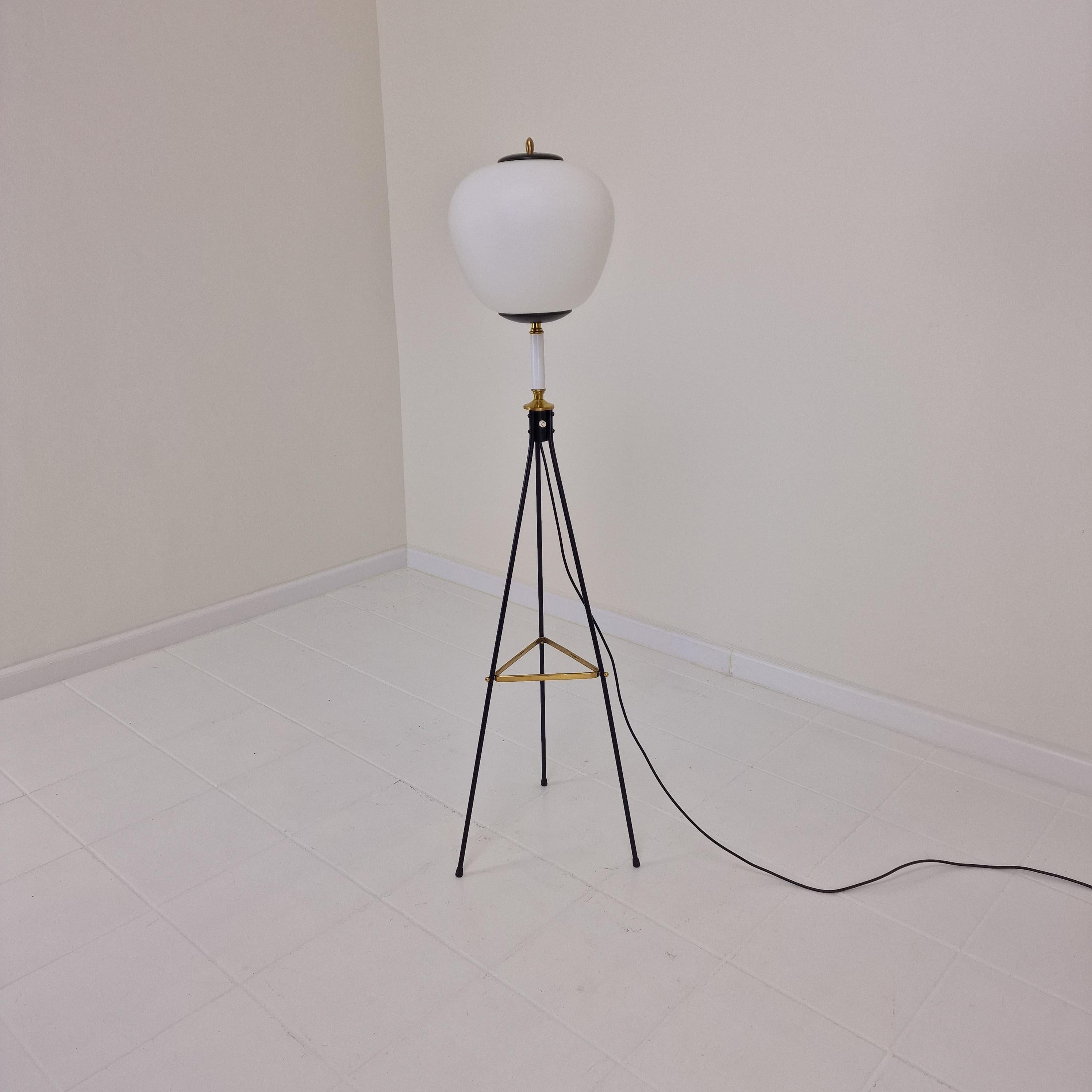 Metal Mid Century Stilnovo Tripod Floor Lamp with Opaline Glass, Italy 1950's For Sale