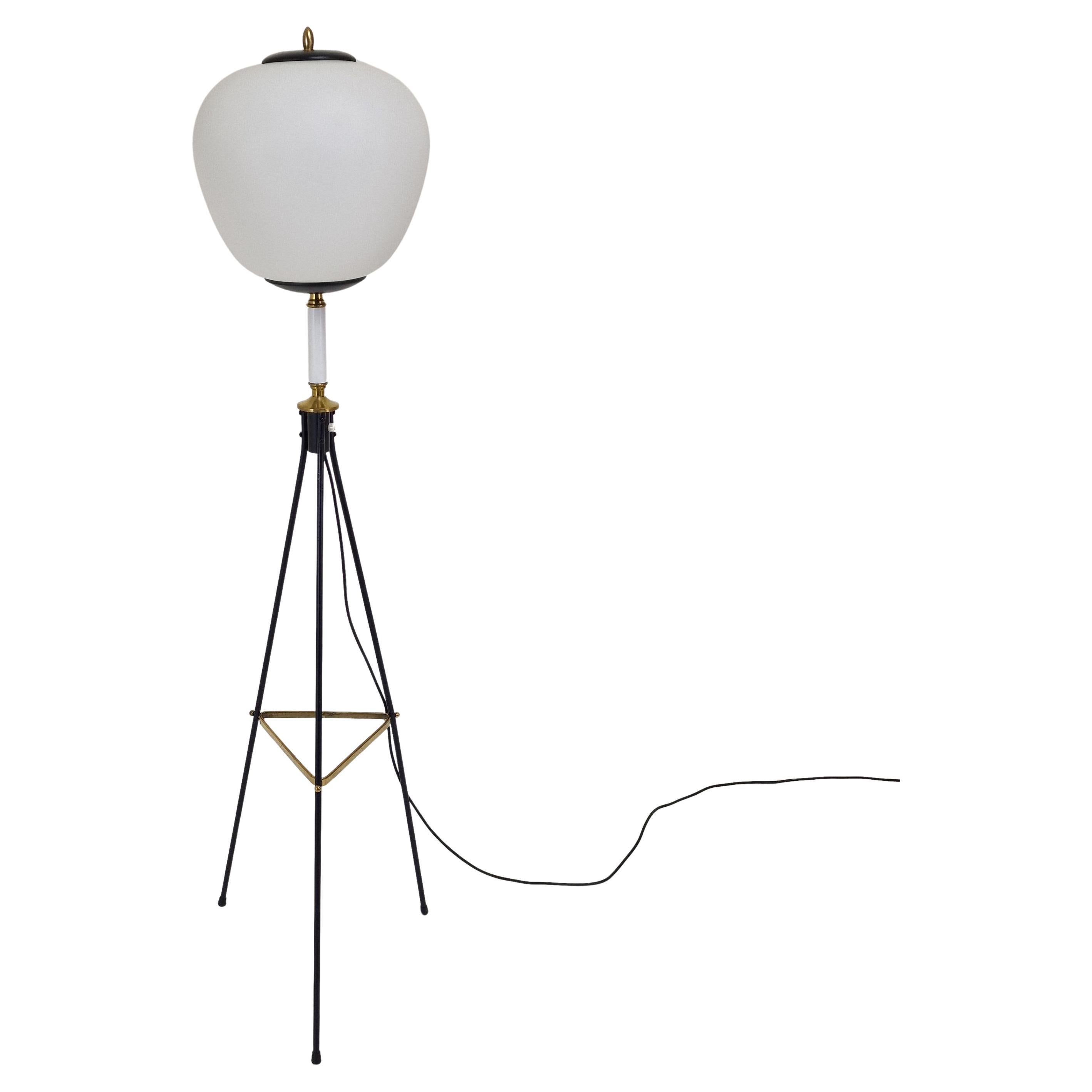 Mid Century Stilnovo Tripod Floor Lamp with Opaline Glass, Italy 1950's