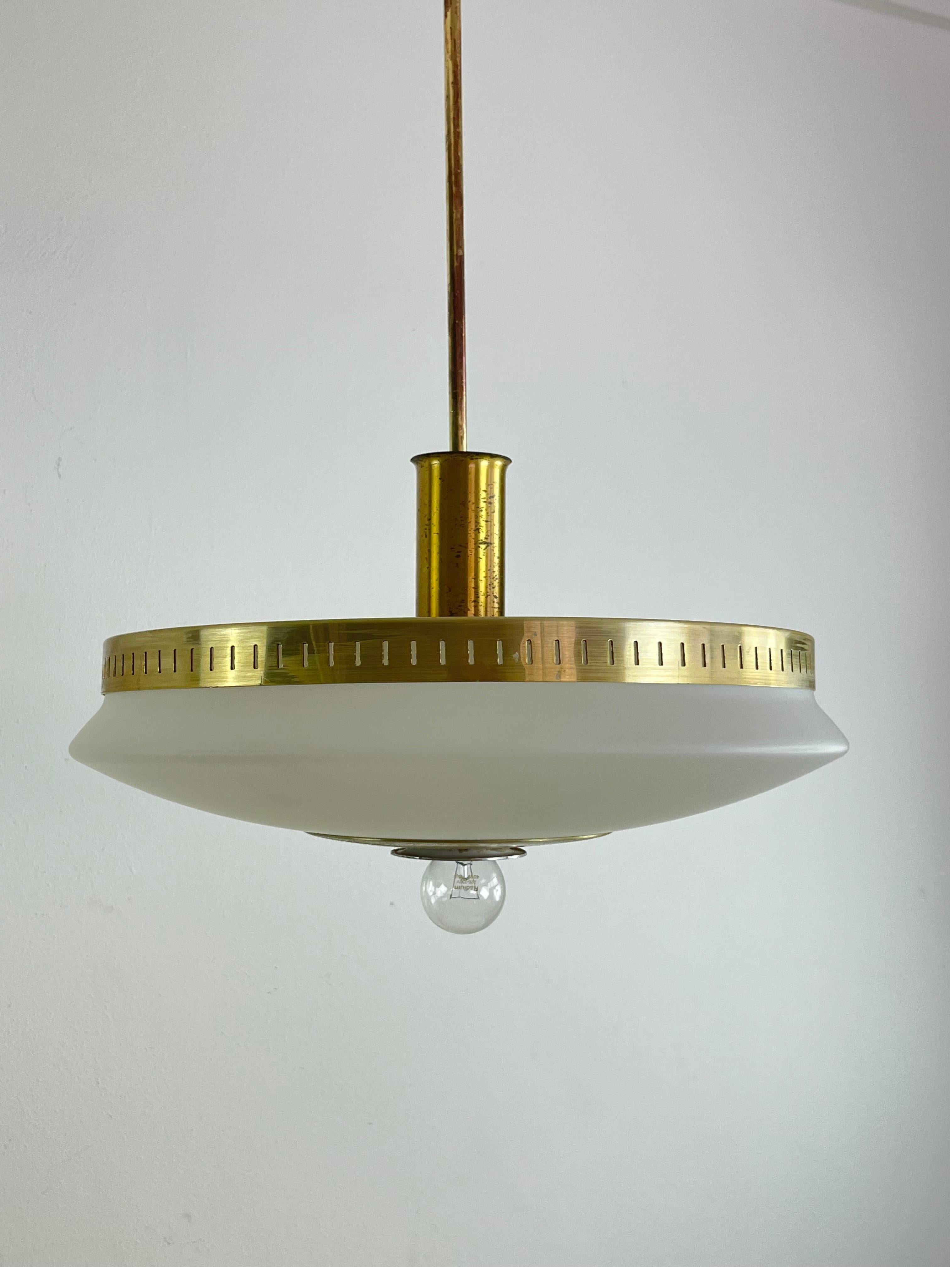 Mid-Century Stilux Milano Chandelier In Opaline Glass, Perspex And Brass 1960s For Sale 5