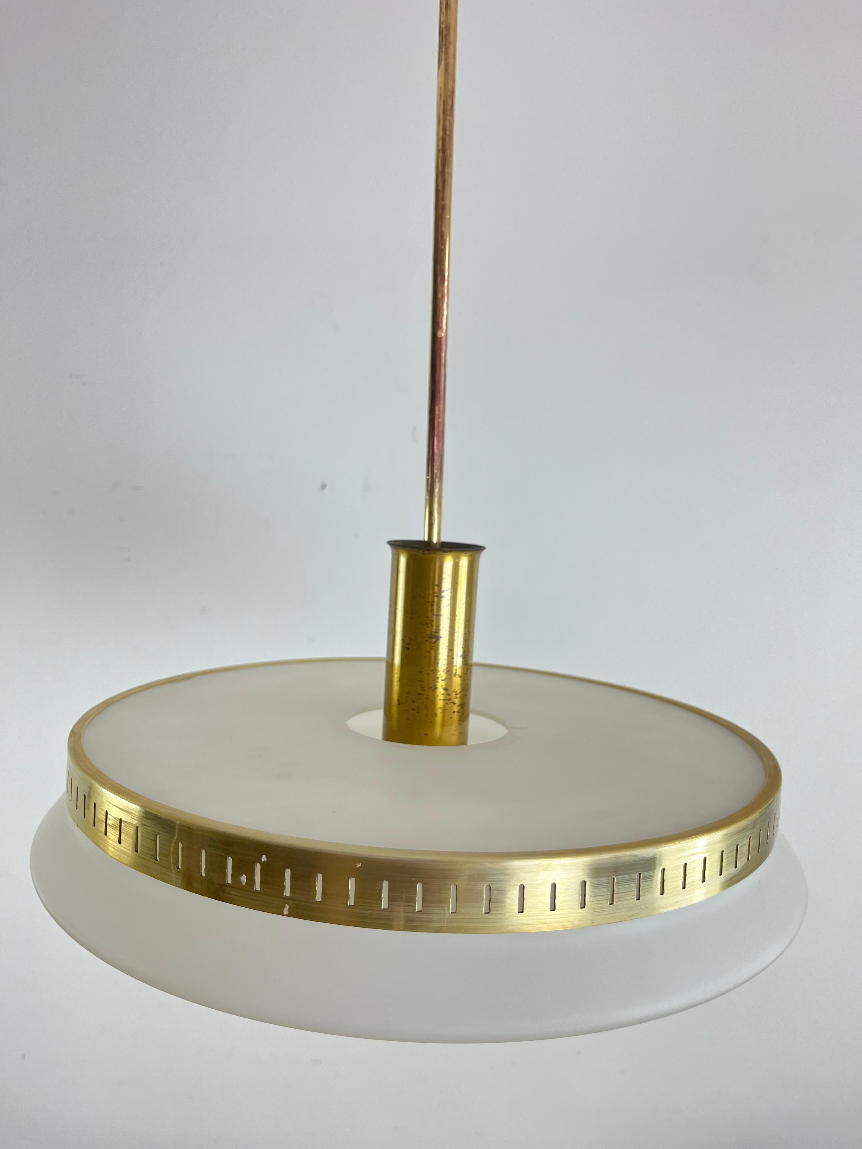 Mid-Century Stilux Milano Chandelier In Opaline Glass, Perspex And Brass 1960s For Sale 3