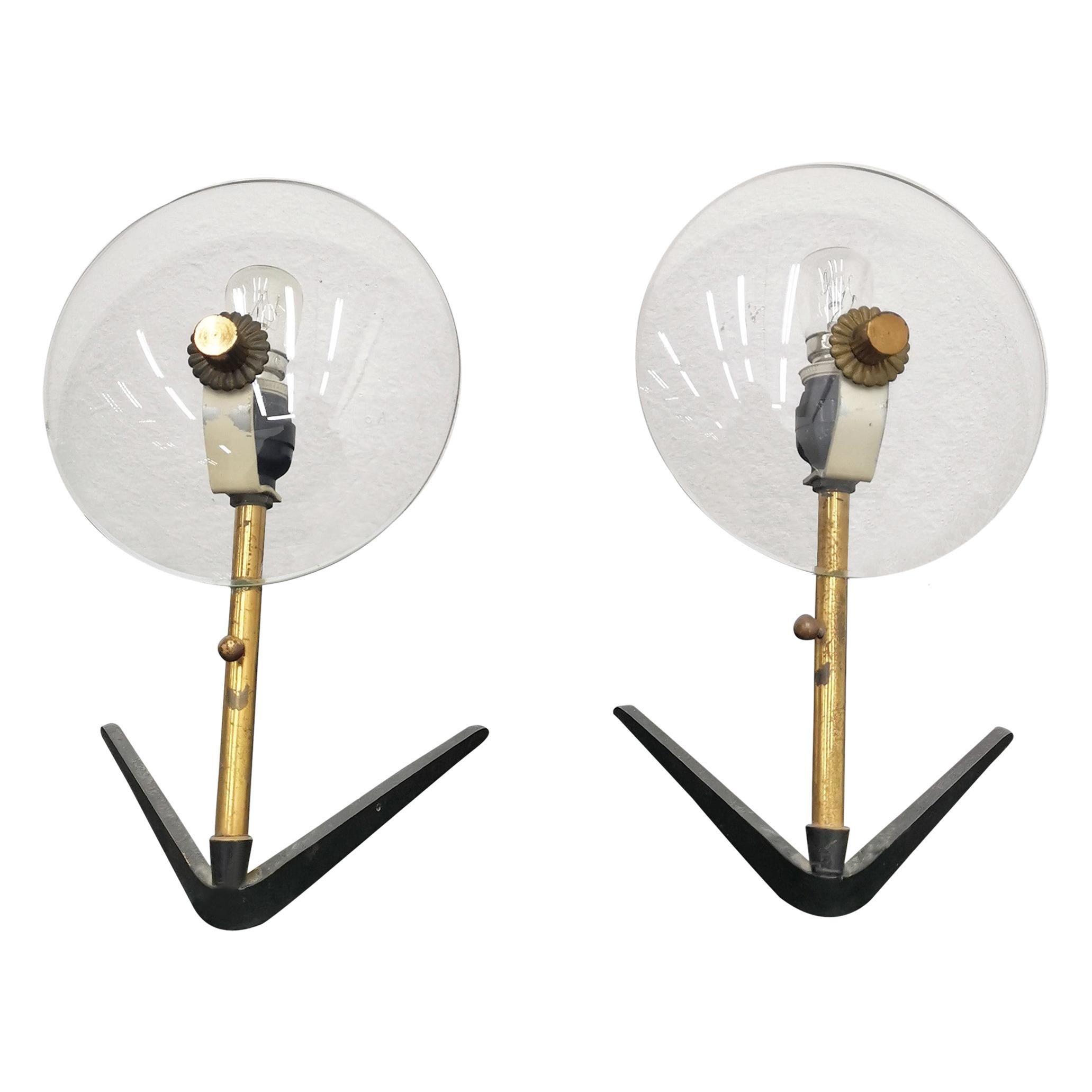 Mid-Century Stilux Milano Set of 2 Glass Brass Table Lamp Italy, 1950s