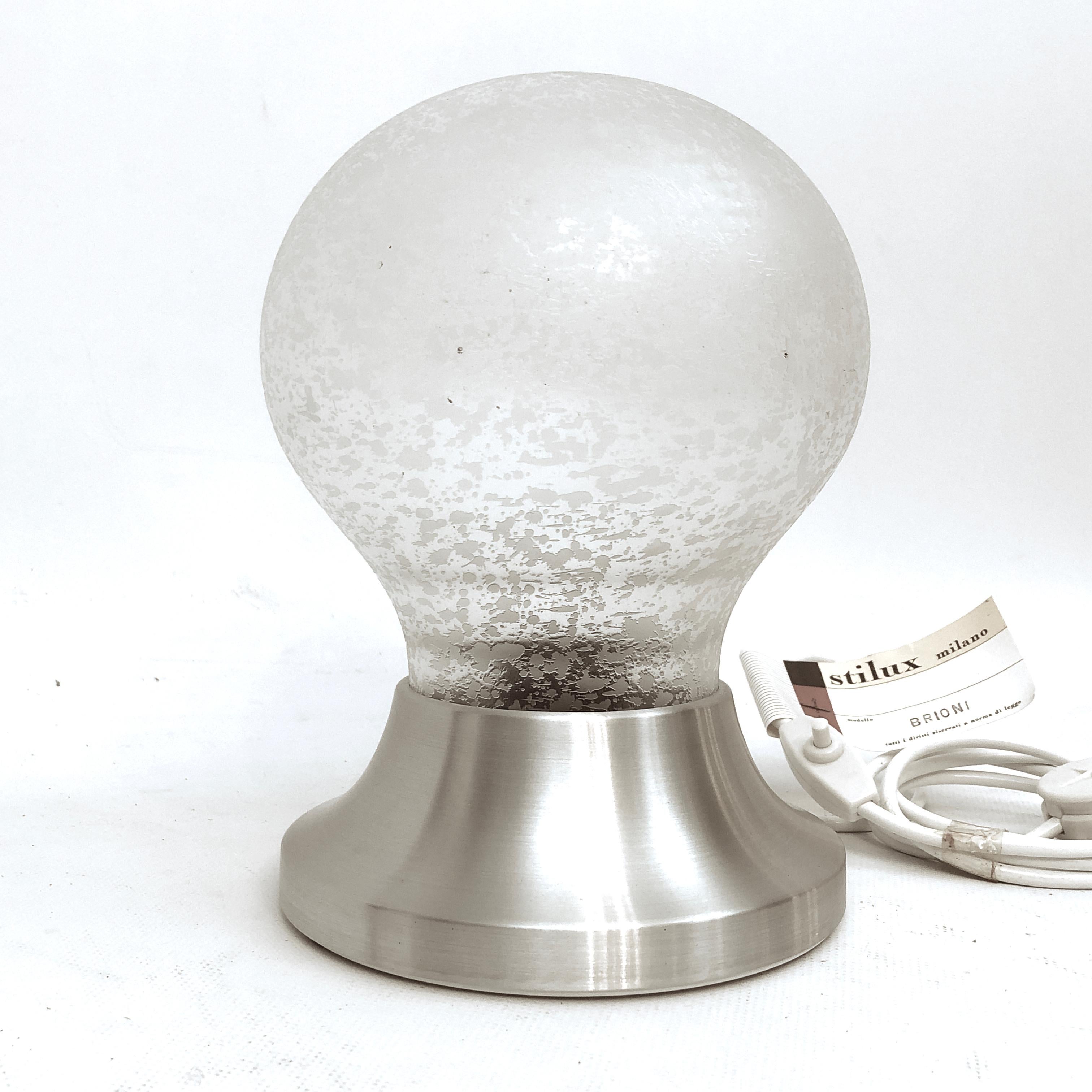 Frosted Mid-Century Stilux Milano Table Lamp Model Brioni, Labeled For Sale