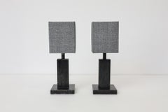 Mid-Century Stone Pedestal Table Lamp with Square Gray Linen Shade
