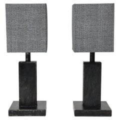 Mid-Century Stone Pedestal Table Lamp with Square Gray Linen Shade