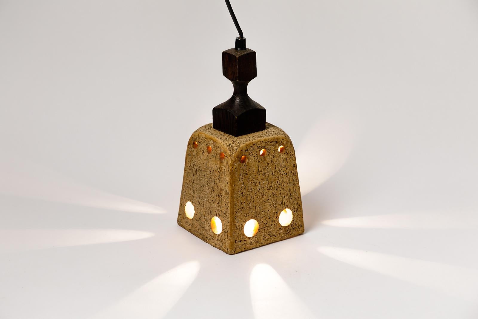 20th Century Midcentury Stoneware Brown Light Suspension French Lamp Design, circa 1970 For Sale