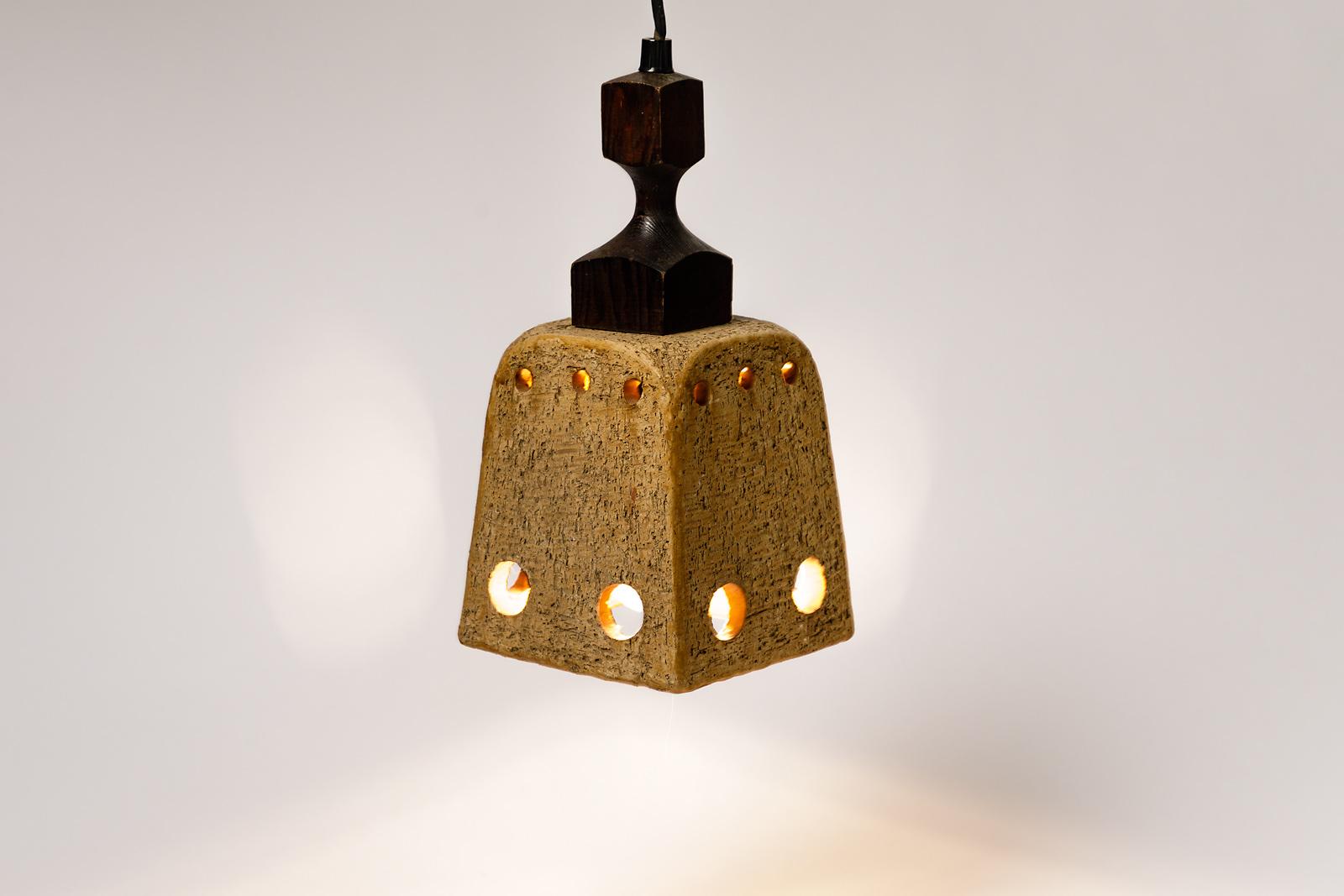 Ceramic Midcentury Stoneware Brown Light Suspension French Lamp Design, circa 1970 For Sale