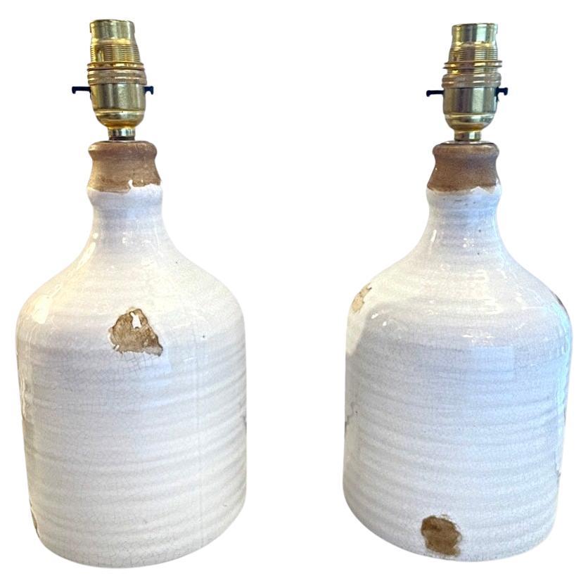 Mid Century Stoneware Glazed Ceramic Vinegar Jar Table Lamps. For Sale