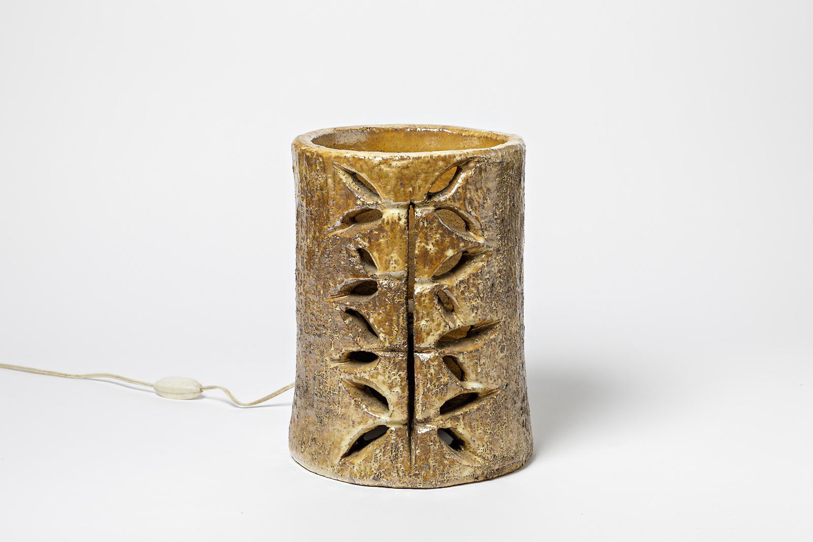 Mid-Century Modern Midcentury Stoneware Golden Ceramic Table Lamp by Huguette Bessone Vallauris For Sale