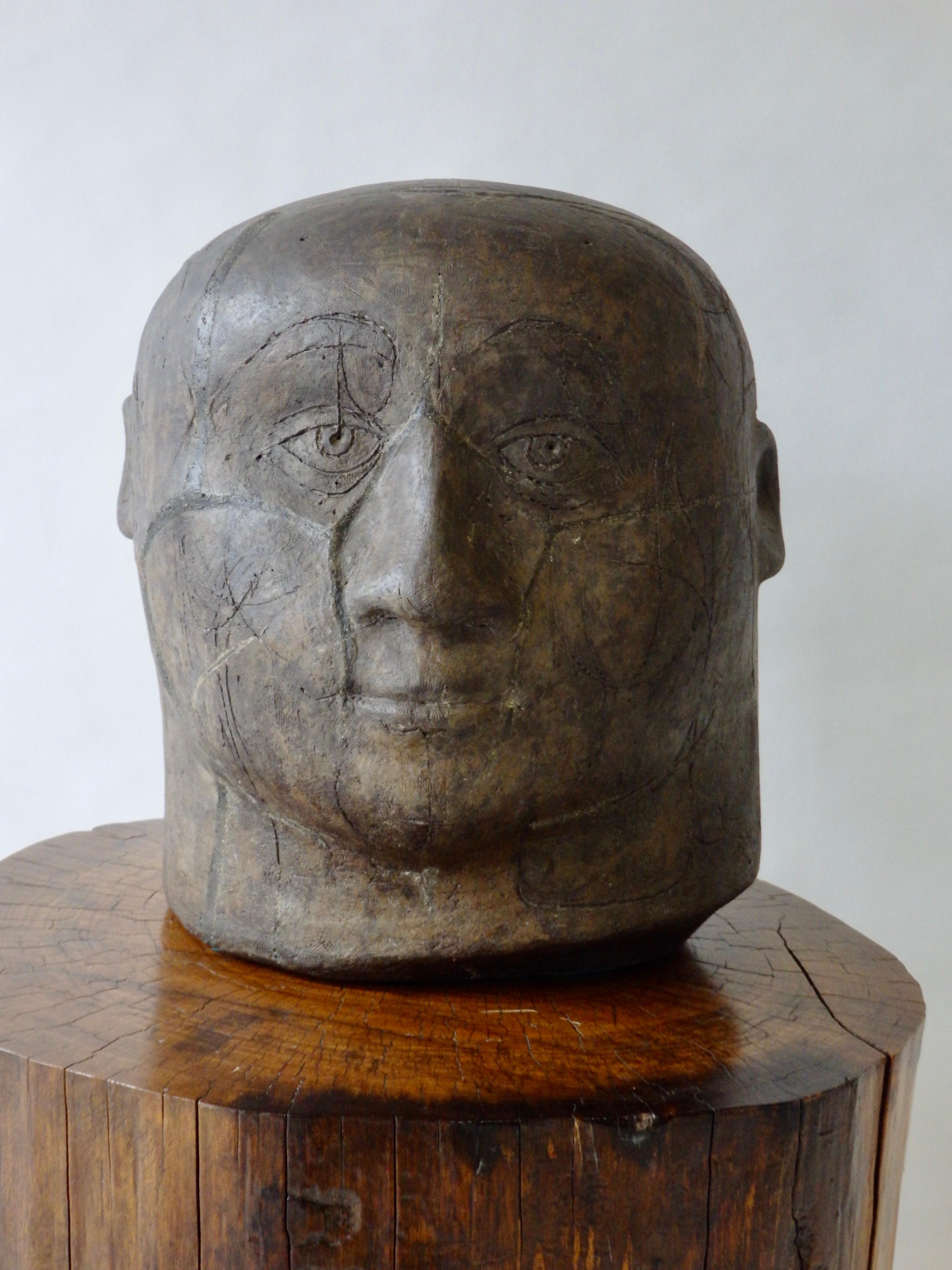 20th Century Midcentury Stoneware Outsider Folk Art Male Bust Signed O.M. 58