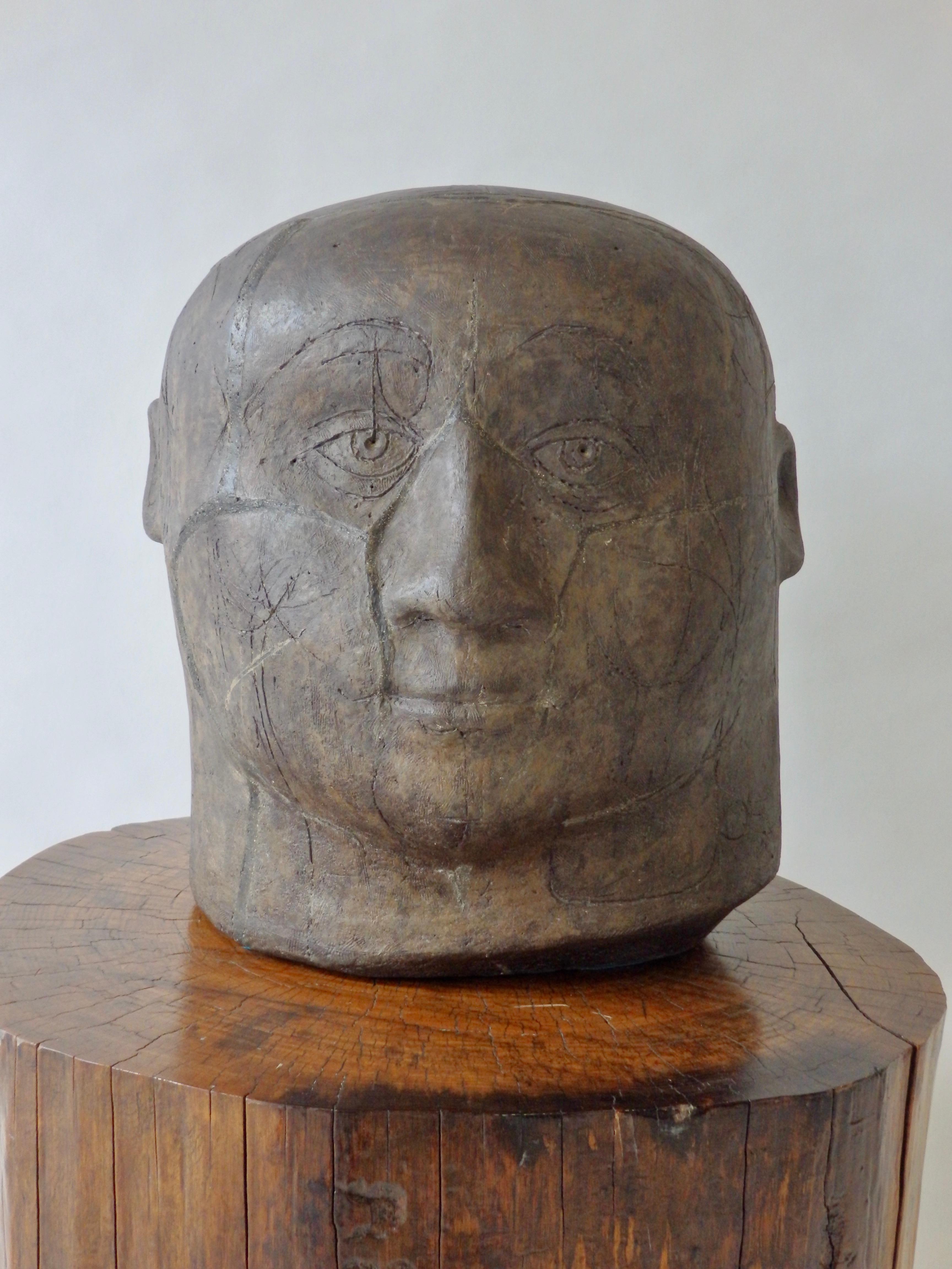Midcentury Stoneware Outsider Folk Art Male Bust Signed O.M. 58 1