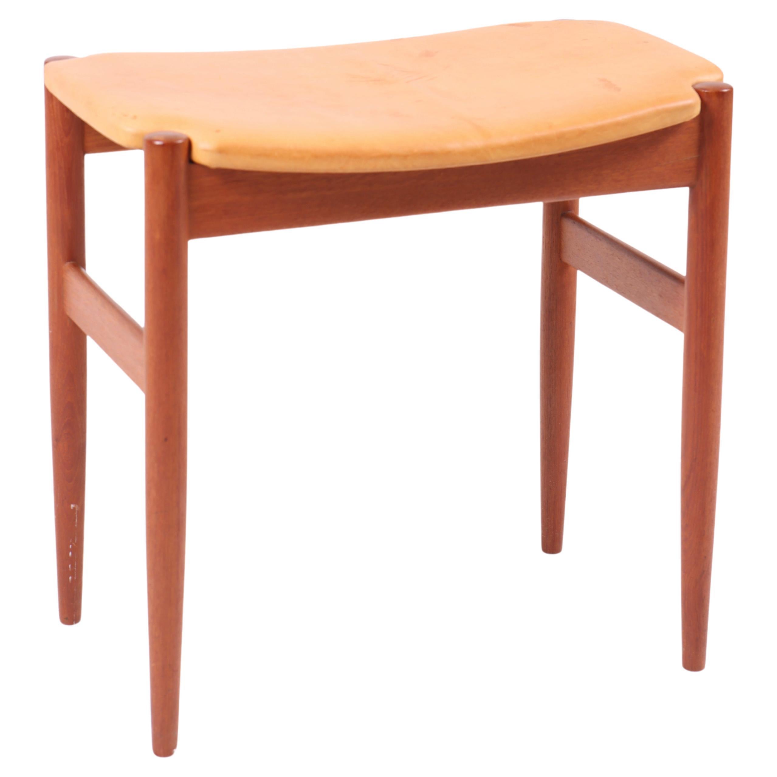 Mid-Century Stool in Patinated Leather, Made in Denmark, 1960s