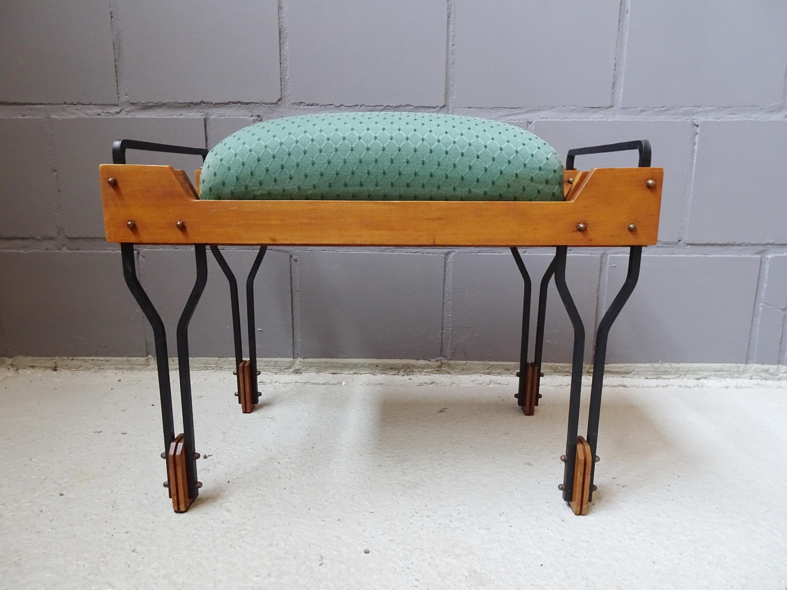 Modern Italian stool from the early 1950s. High quality and unusual design made of square iron with details made of wood and a green padded bench. The considerable size looks like a bench, yet restrained due to the narrow shape. Best Italian fabric