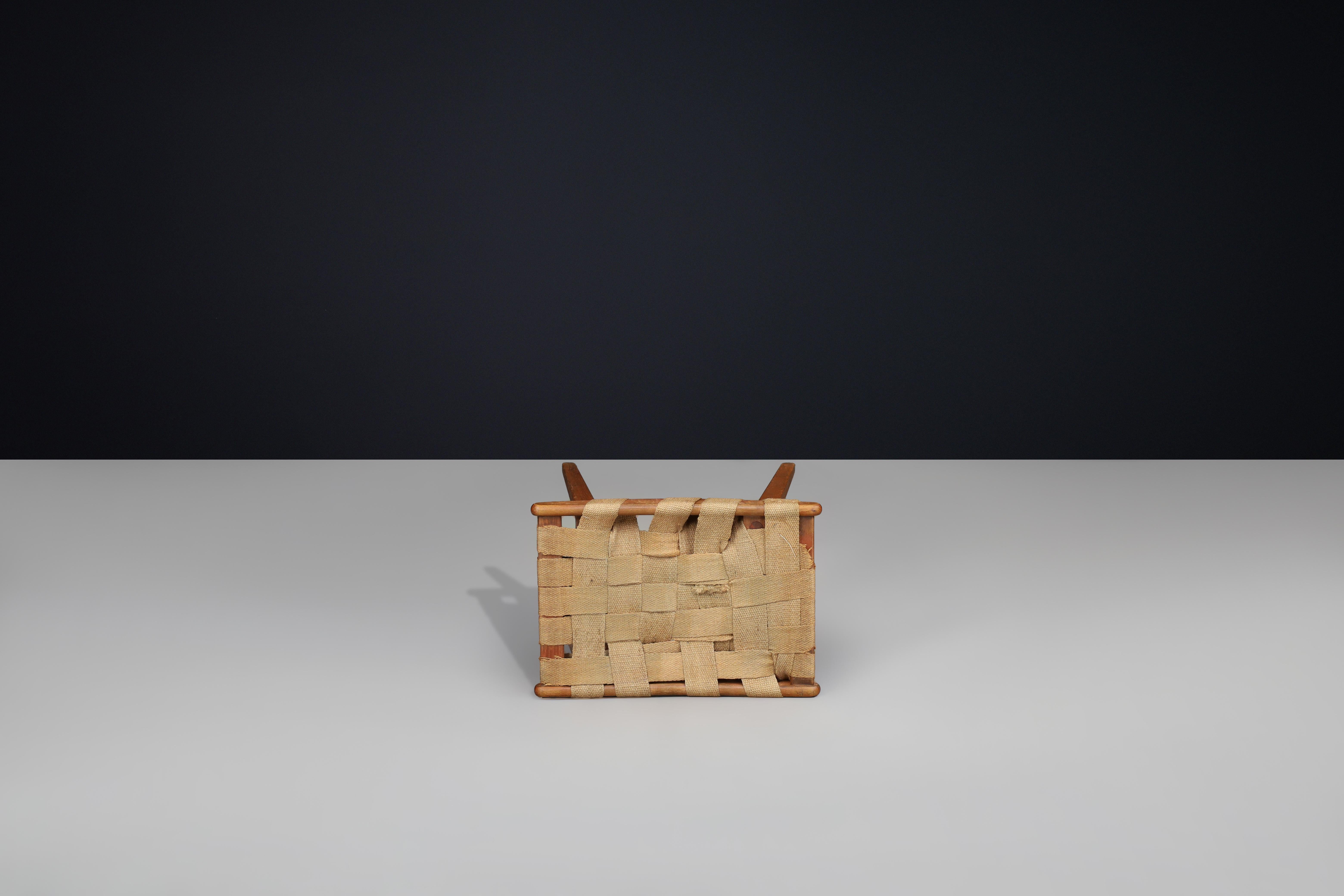 Iuta Mid-Century Stool with Woven Jute Seat and Patinated Beech Wood Frame, France in vendita