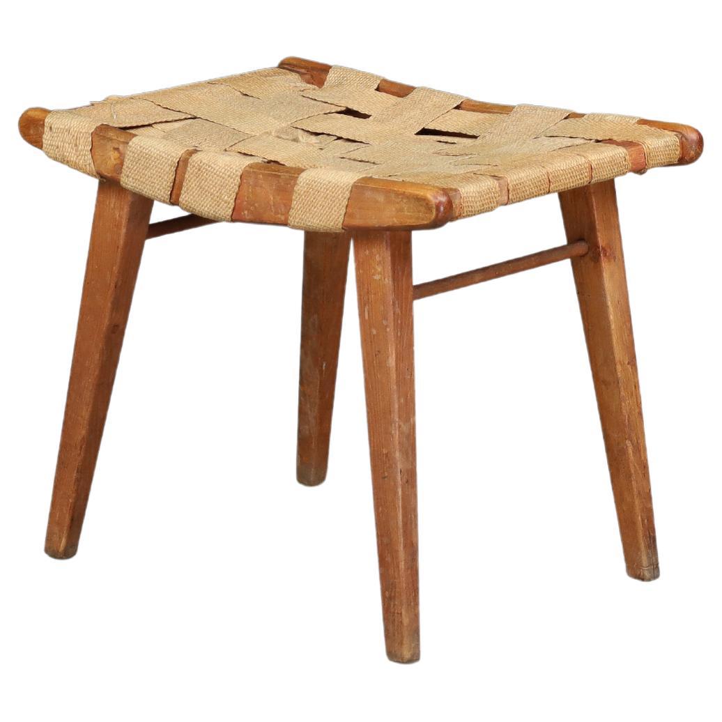 Mid-Century Stool with Woven Jute Seat and Patinated Beech Wood Frame, France in vendita